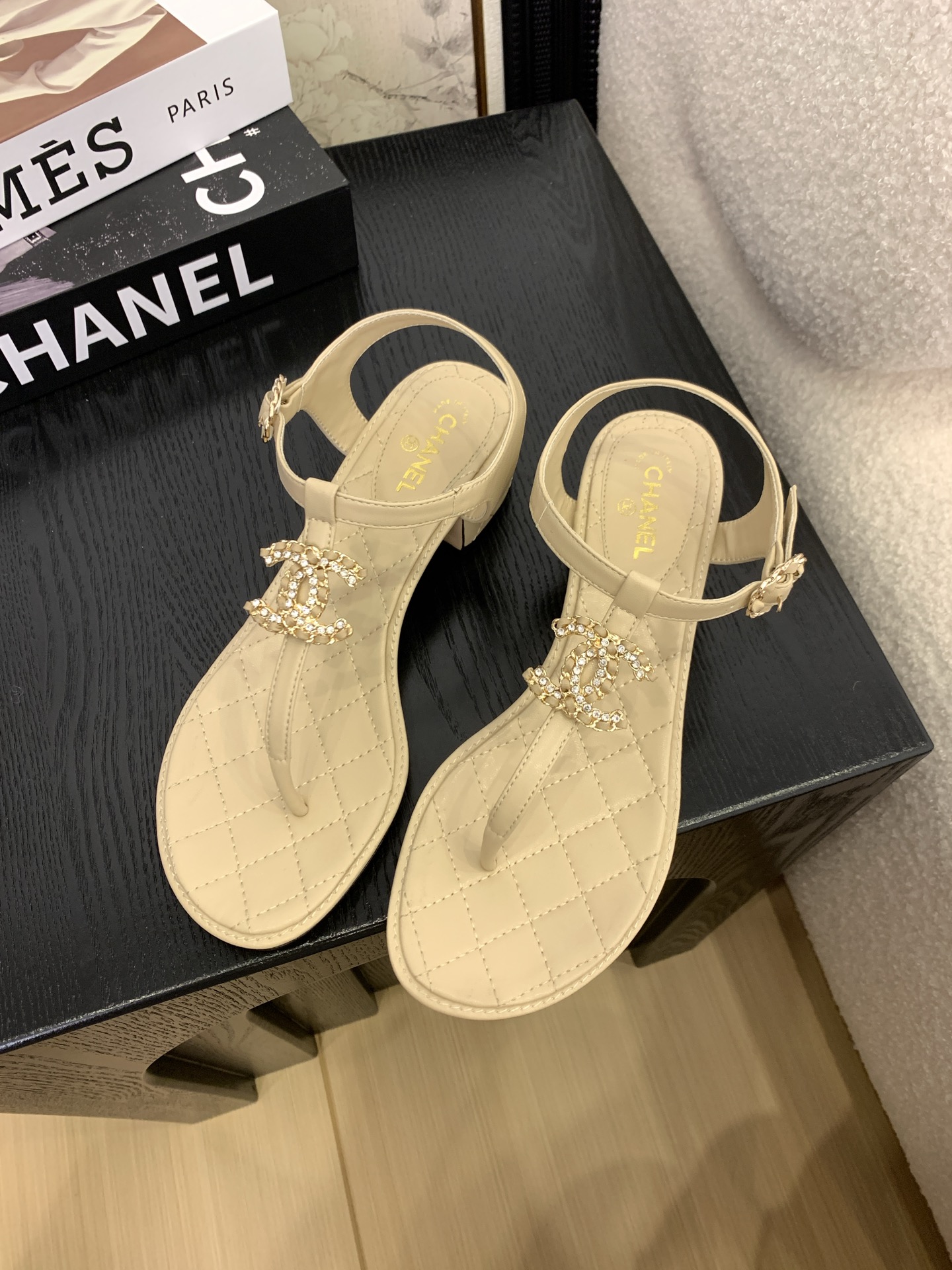 Chanel Women's Thong Sandal with Pearl CC Logo, Beige Leather 3 i1745400475080 6039 0 1