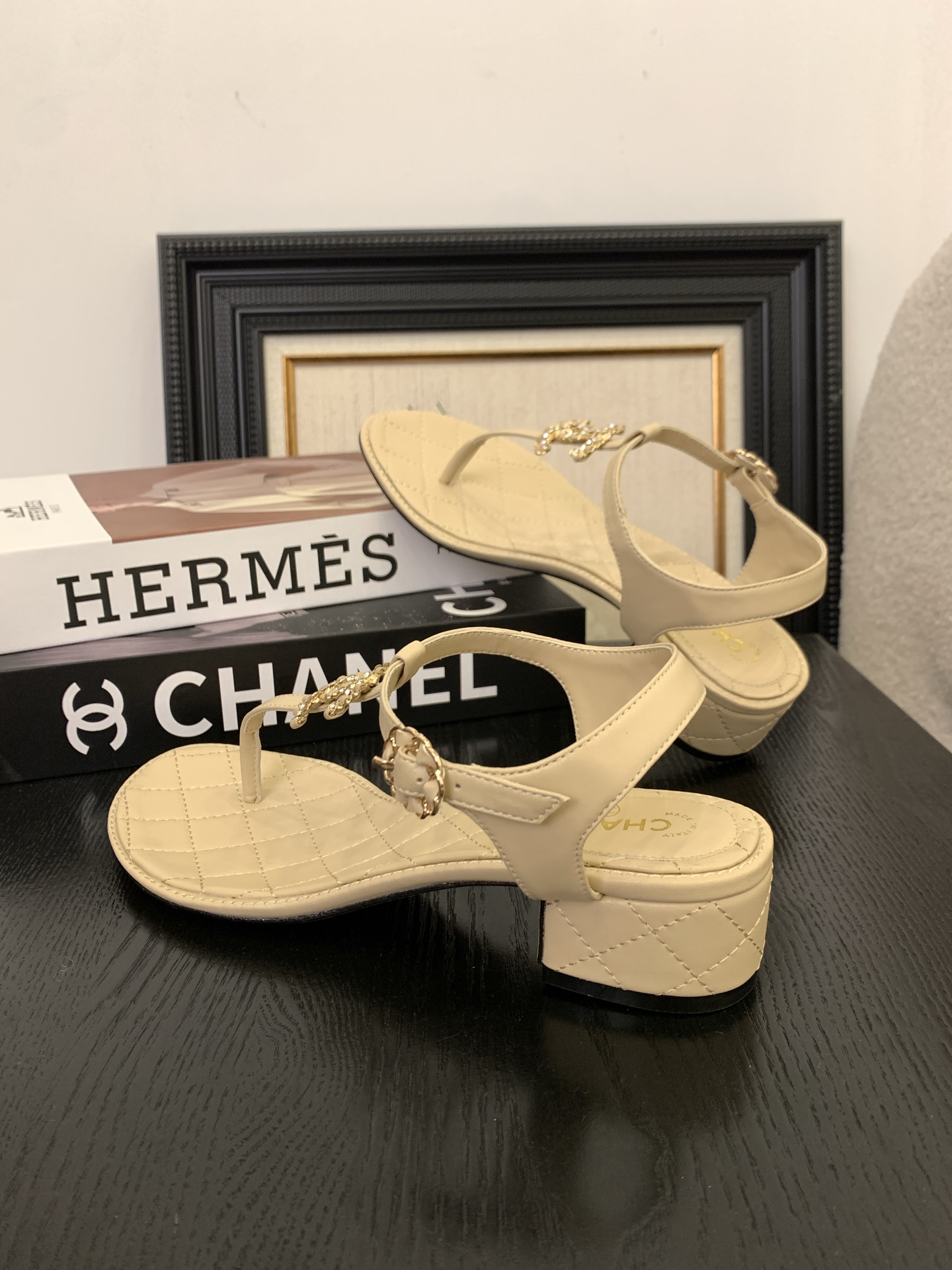 Chanel Women's Thong Sandal with Pearl CC Logo, Beige Leather 8 i1745400475347 6444 0 6