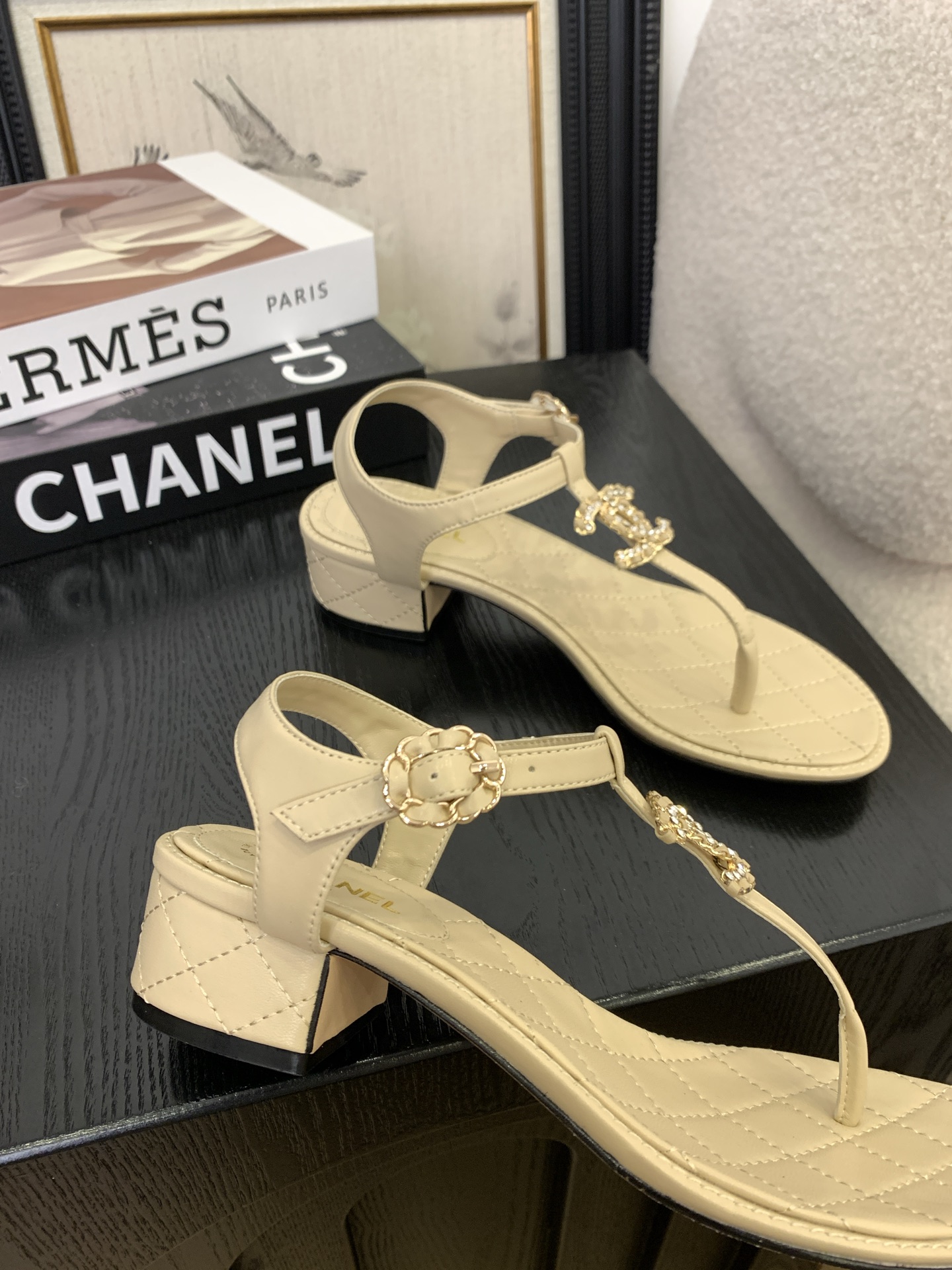 Chanel Women's Thong Sandal with Pearl CC Logo, Beige Leather 4 i1745400478219 5094 0 2