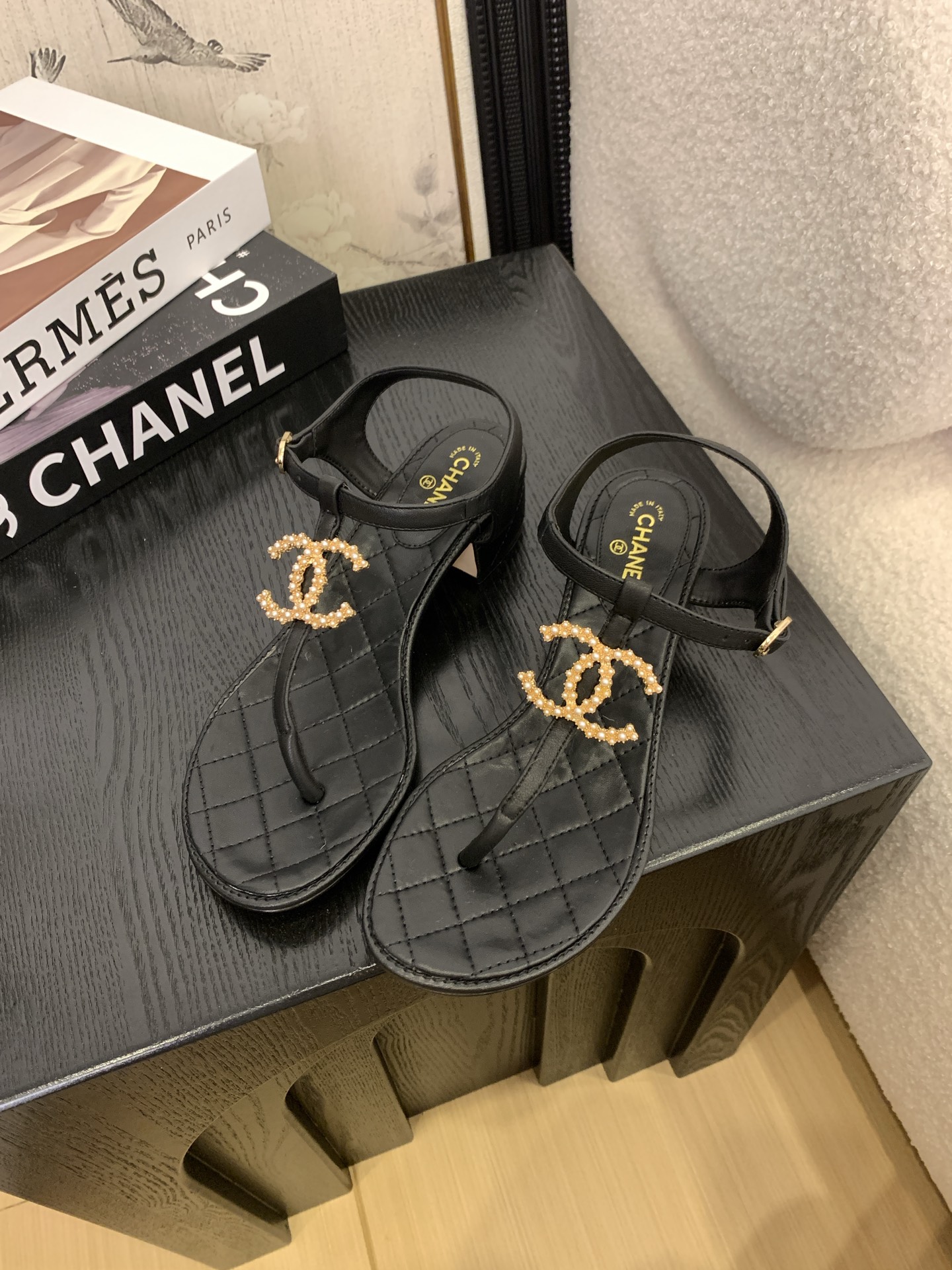 Chanel Women's Pearl CC Thong Sandals Lambskin Leather Black, Size 35-41 4 i1745405451806 3395 0 1
