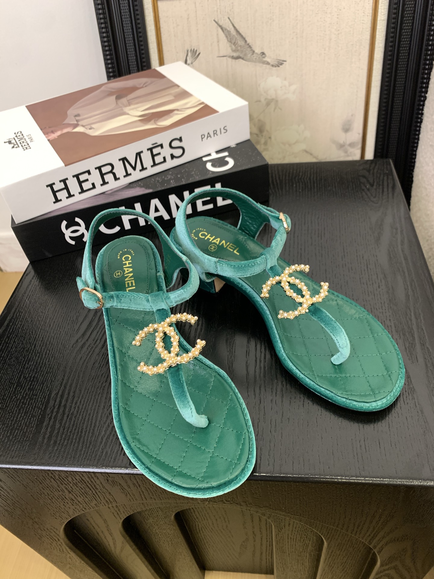Chanel Women's Quilted Leather Thong Sandal with Pearl CC Accent 1 Chanel Women's Quilted Leather Thong Sandal with Pearl CC Accent