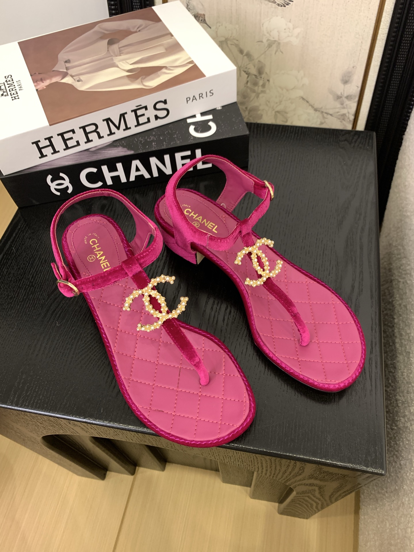Elegant Chanel Pearl Embellished T-Strap Sandals - Luxurious Style & Comfort 1 Elegant Chanel Pearl Embellished T-Strap Sandals - Luxurious Style & Comfort