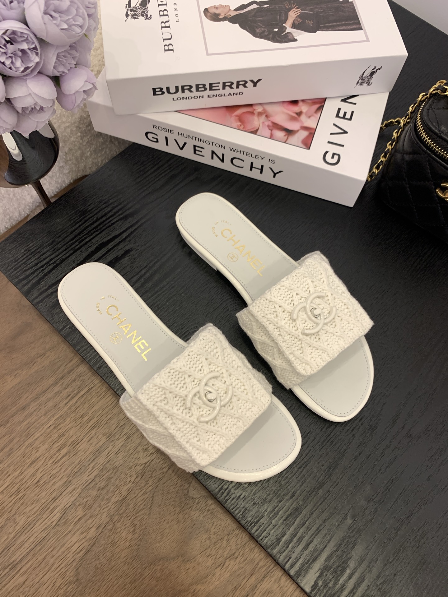 Elegant Chanel Women's White Knit Slide Sandals with Italian Packaging 1 Elegant Chanel Women's White Knit Slide Sandals with Italian Packaging