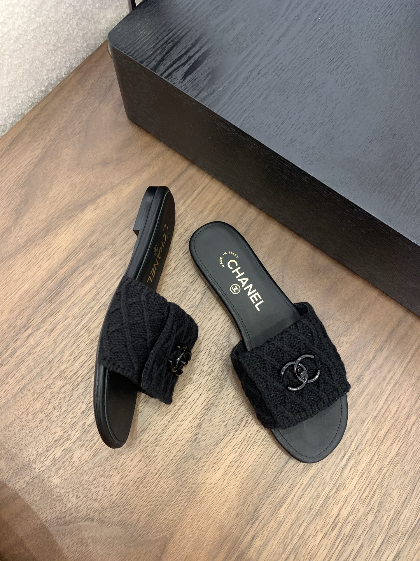 CHANEL Women's Black Knit CC Logo Slides Sandals, Italian Craftsmanship 10 i1745555987343 3987 0 8
