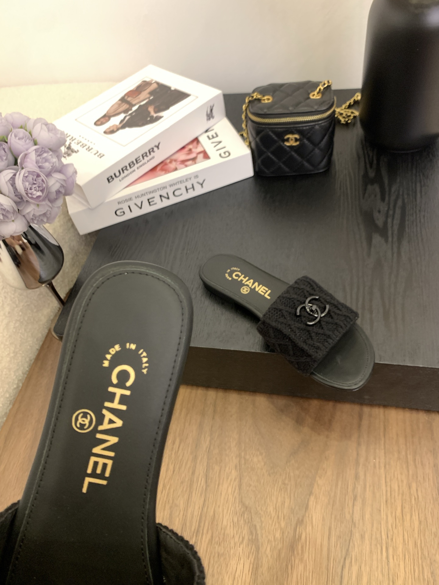 CHANEL Women's Black Knit CC Logo Slides Sandals, Italian Craftsmanship 5 i1745555987343 4625 0 3