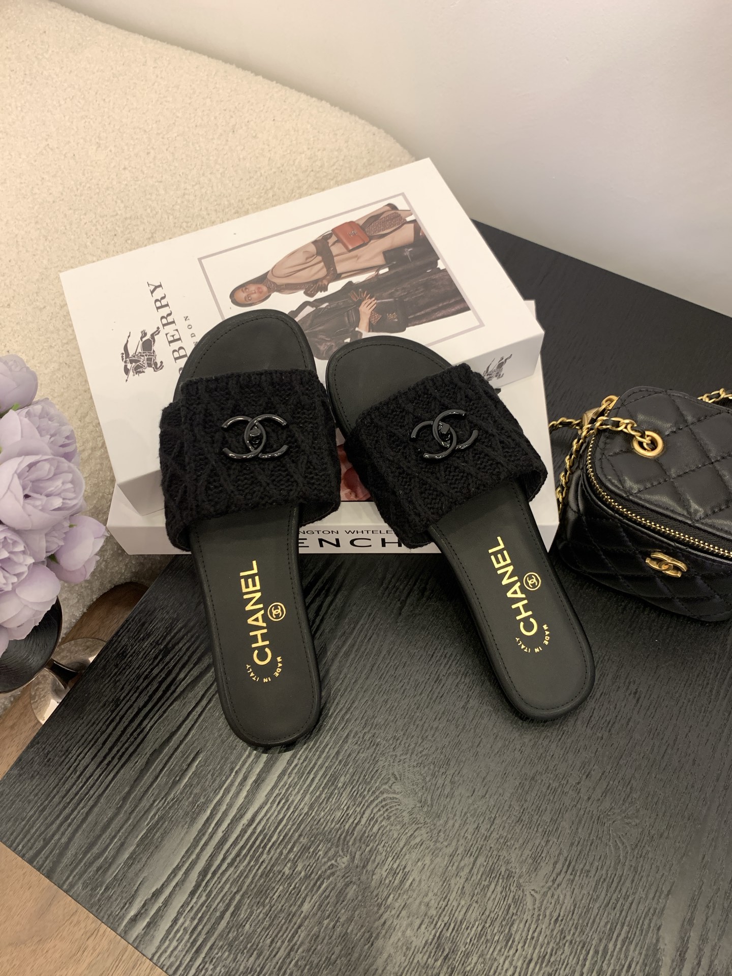 CHANEL Women's Black Knit CC Logo Slides Sandals, Italian Craftsmanship 7 i1745555987343 5736 0 5