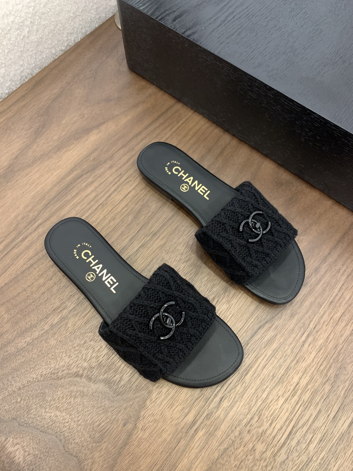 CHANEL Women's Black Knit CC Logo Slides Sandals, Italian Craftsmanship 1 CHANEL Women's Black Knit CC Logo Slides Sandals, Italian Craftsmanship