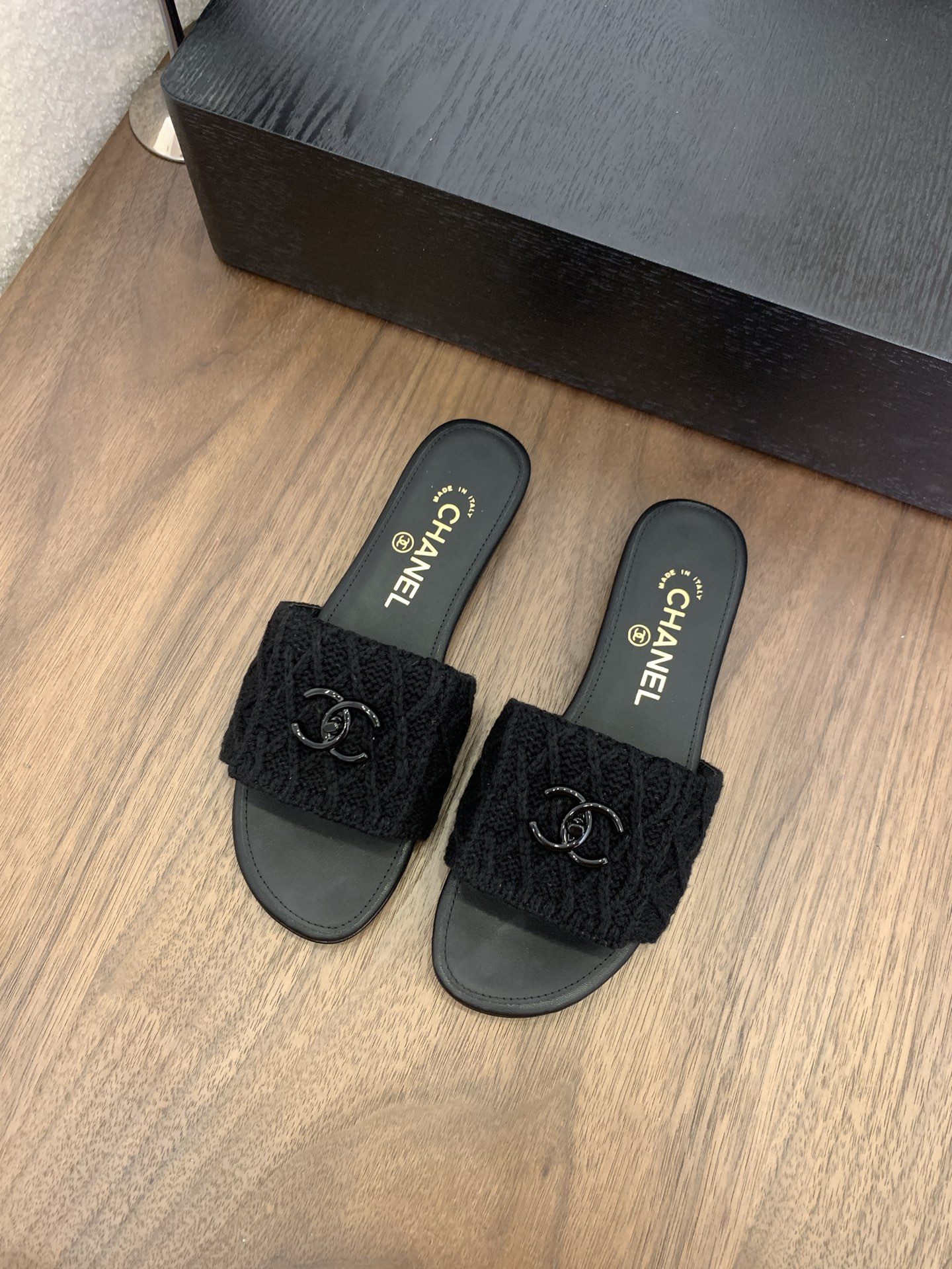 CHANEL Women's Black Knit CC Logo Slides Sandals, Italian Craftsmanship 3 i1745555989751 2100 0 0