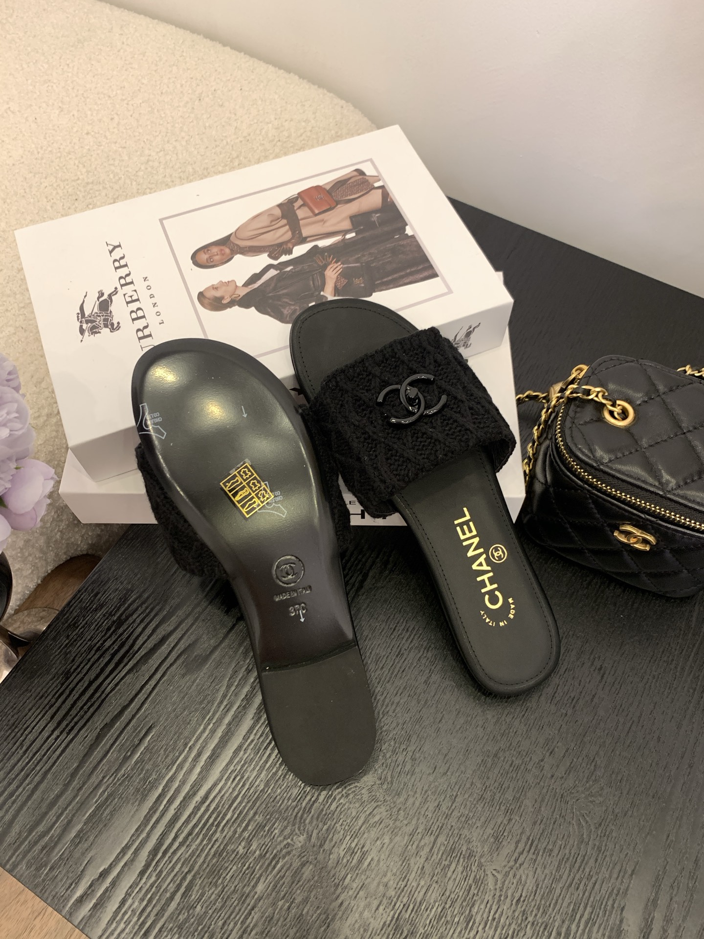 CHANEL Women's Black Knit CC Logo Slides Sandals, Italian Craftsmanship 8 i1745555989928 1028 0 6
