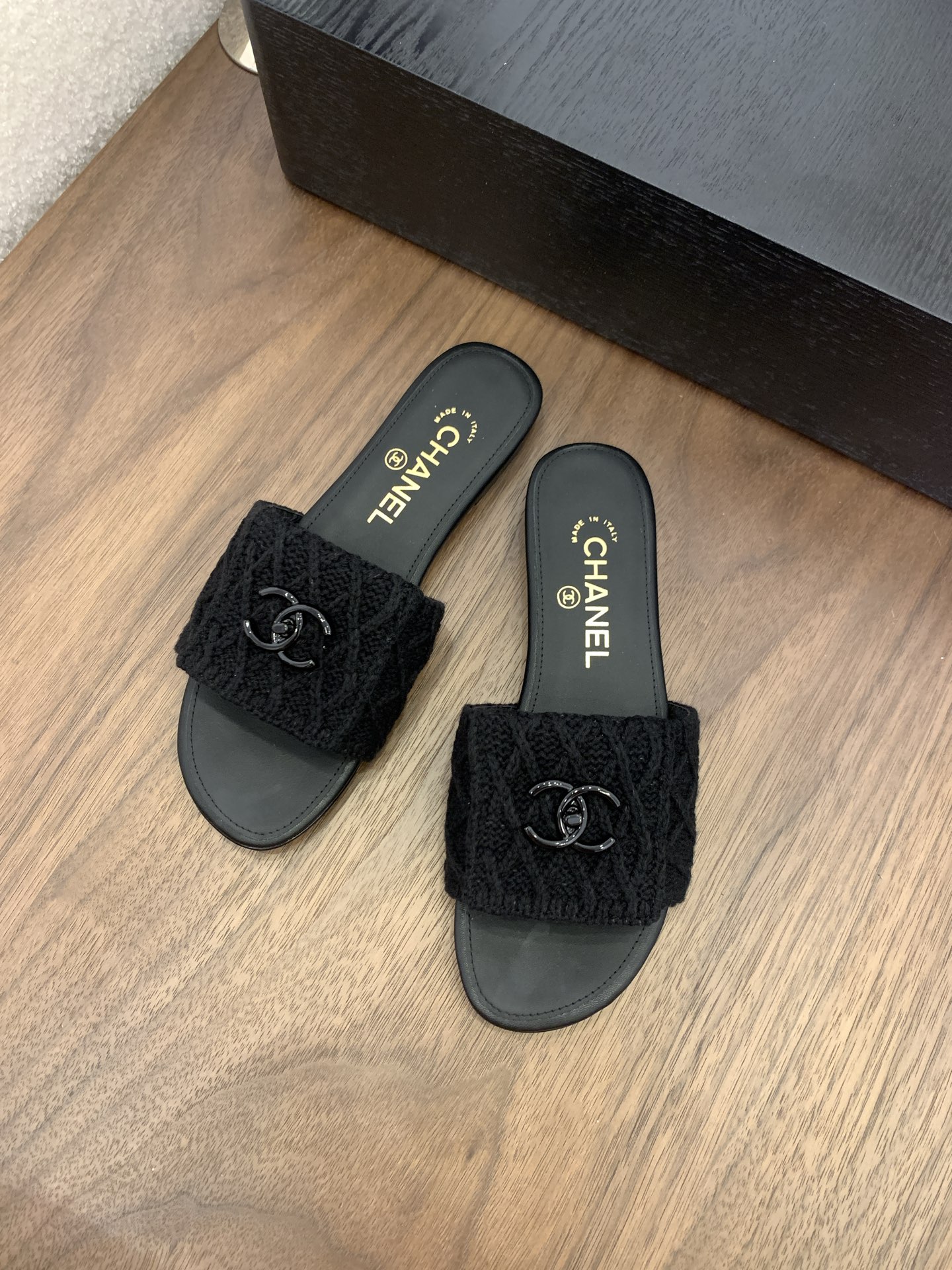 CHANEL Women's Black Knit CC Logo Slides Sandals, Italian Craftsmanship 4 i1745555989943 4165 0 1