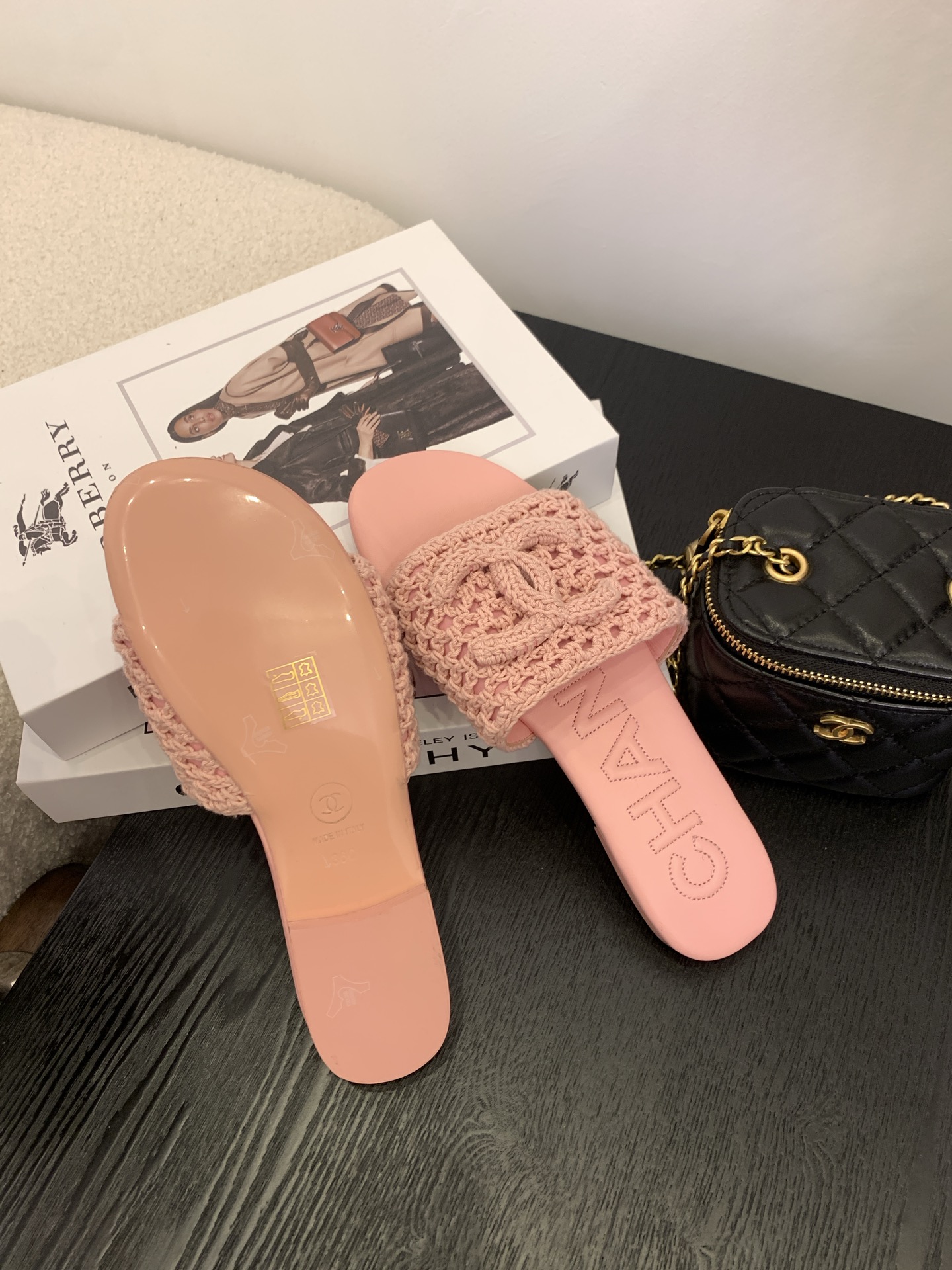 Chanel Women's Pink Crochet CC Logo Slide Sandals, Italian Packaging Included 9 i1745562911999 242 0 7