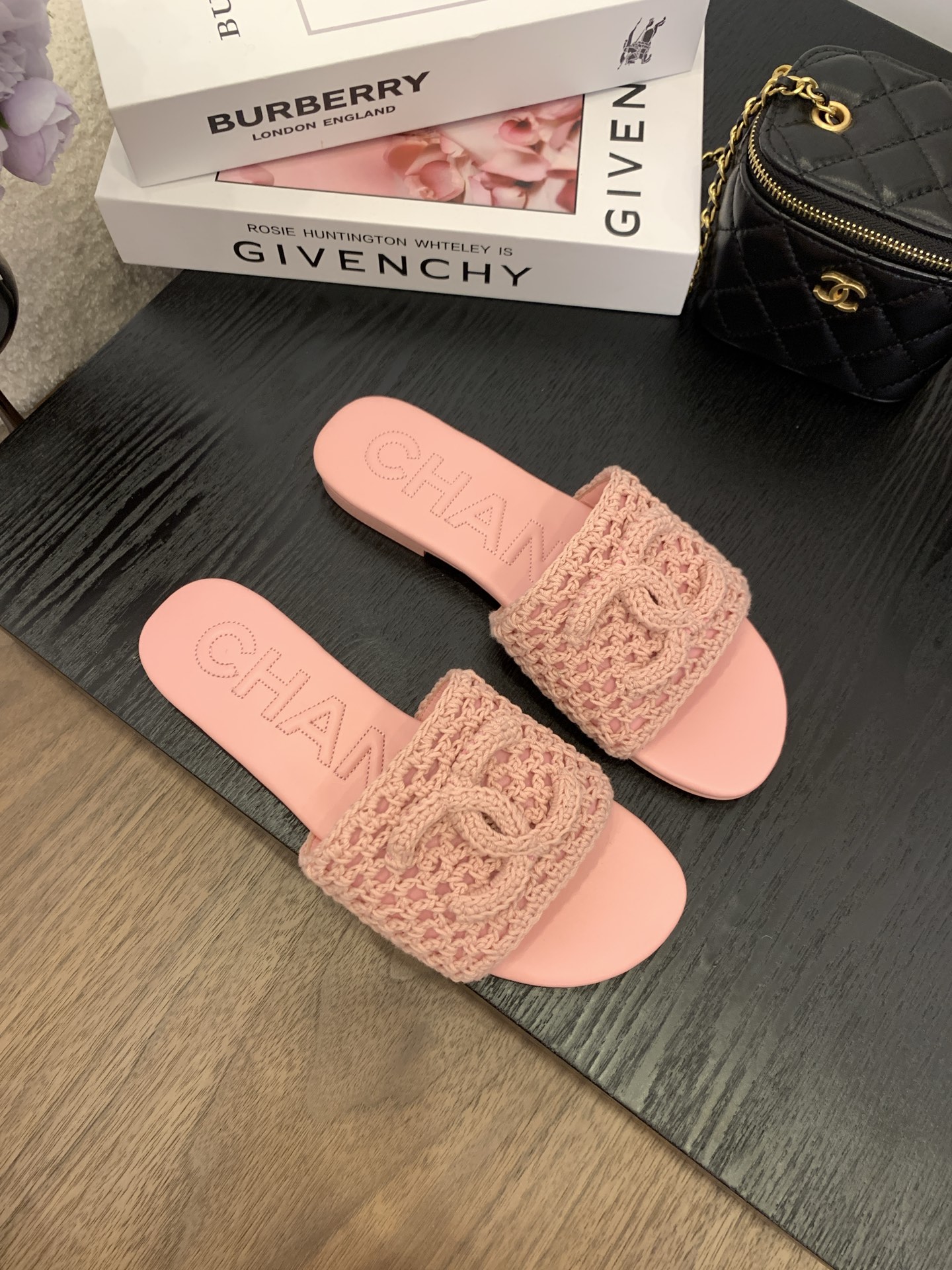 Chanel Women's Pink Crochet CC Logo Slide Sandals, Italian Packaging Included 1 Chanel Women's Pink Crochet CC Logo Slide Sandals, Italian Packaging Included