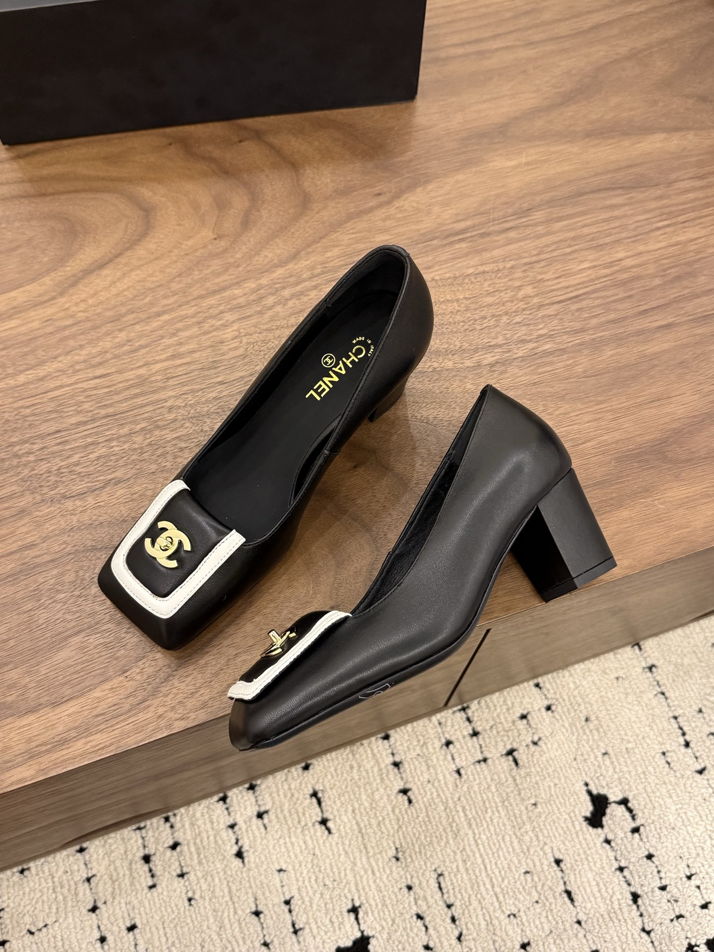 Chanel Black Square-Toe Logo Pumps