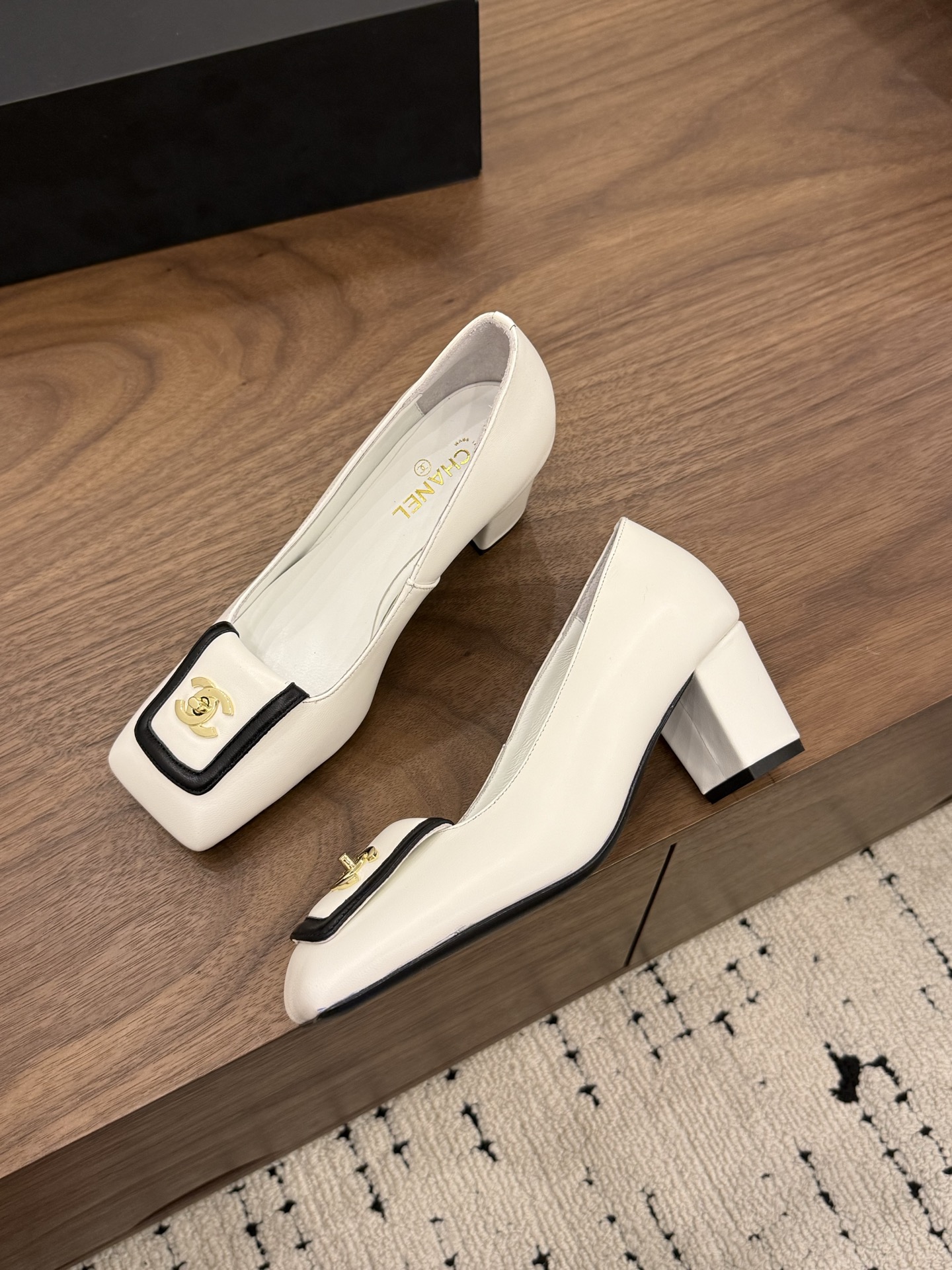 Chanel White Square-Toe Logo Pumps