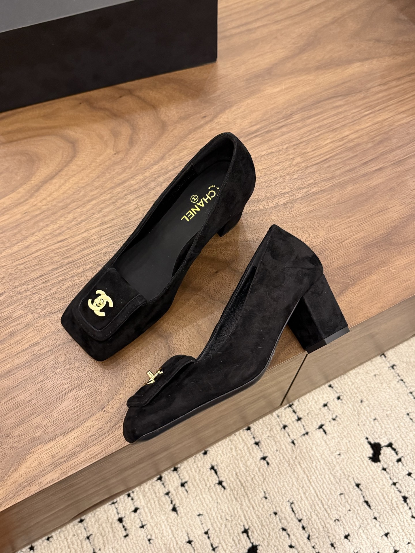 Chanel Black Square-Toe Logo Pumps