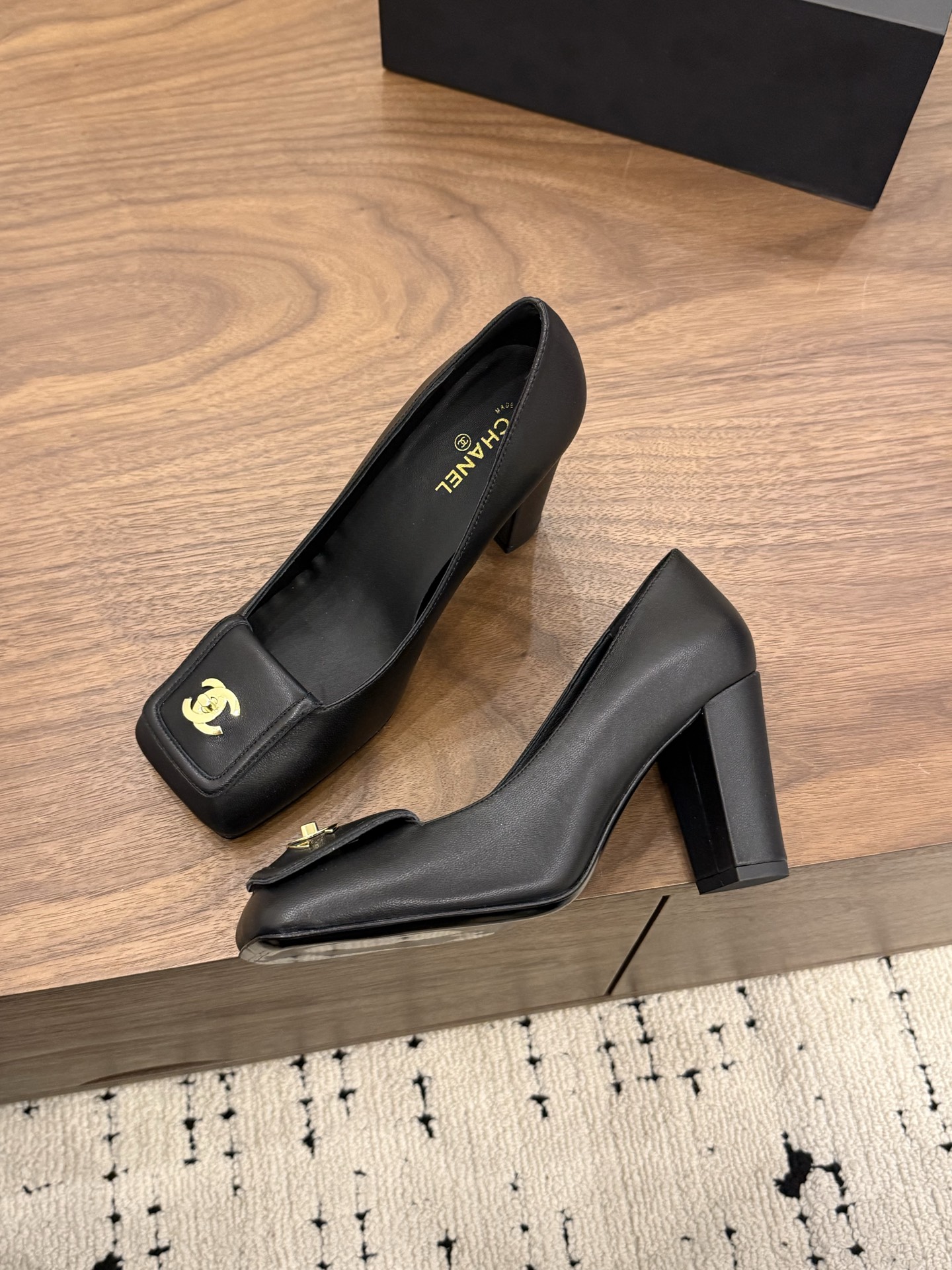 Chanel Black Square-Toe Logo Pumps
