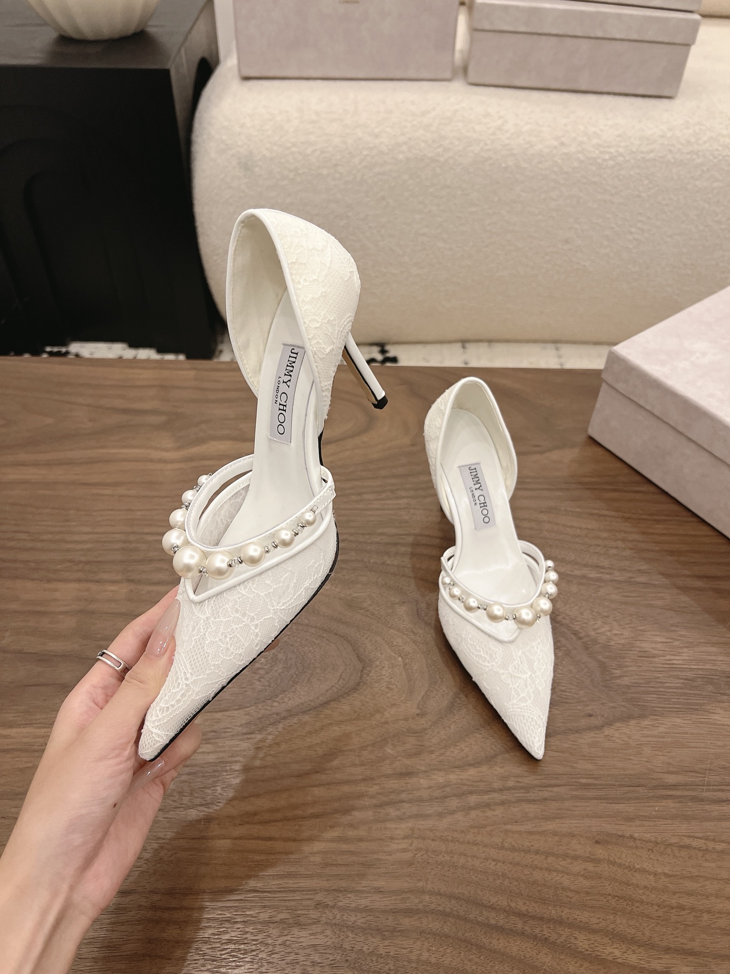 Jimmy Choo Lace Pearl Embellished D'Orsay Pumps