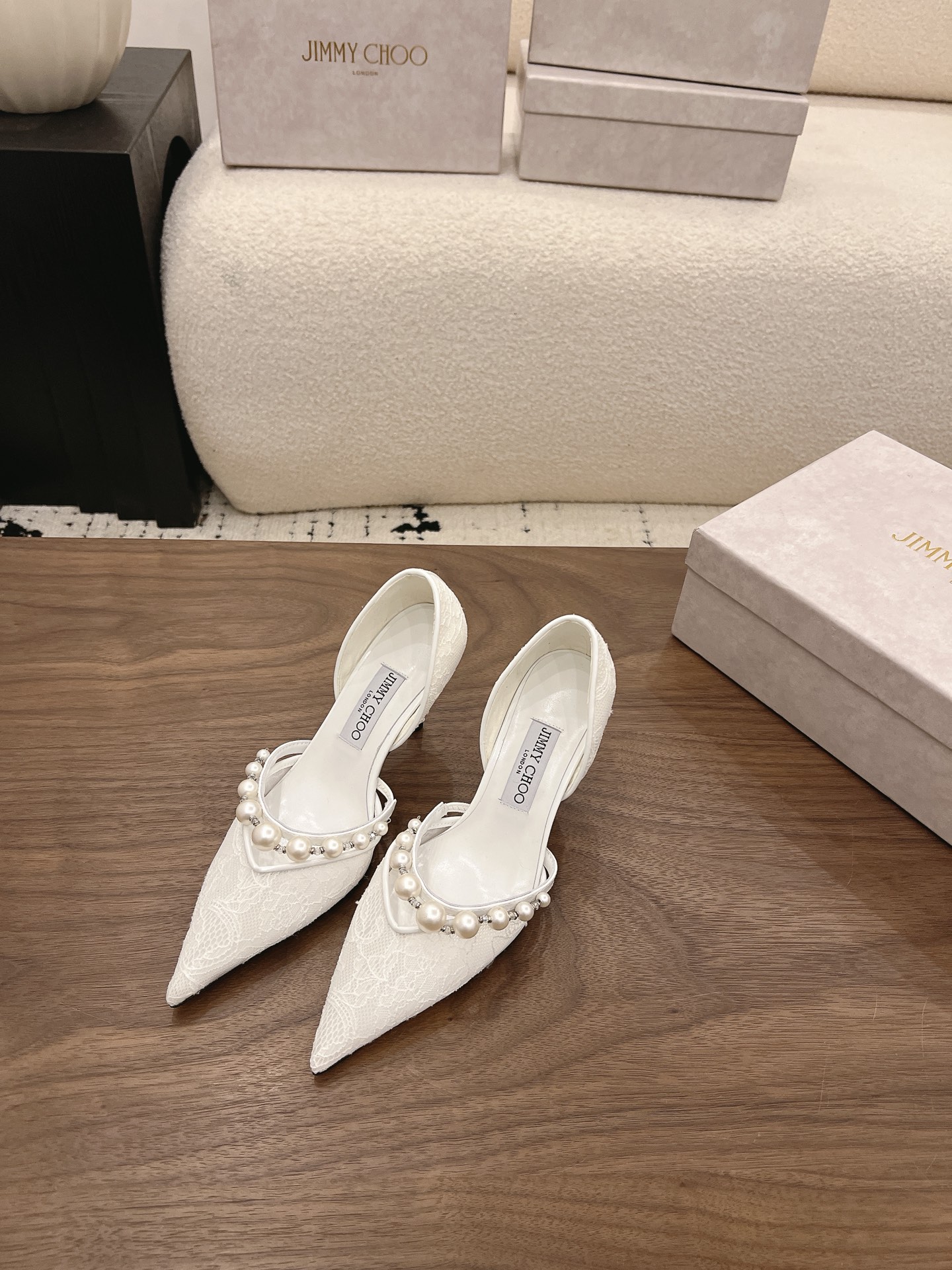 Jimmy Choo Lace Pearl Embellished D'Orsay Pumps