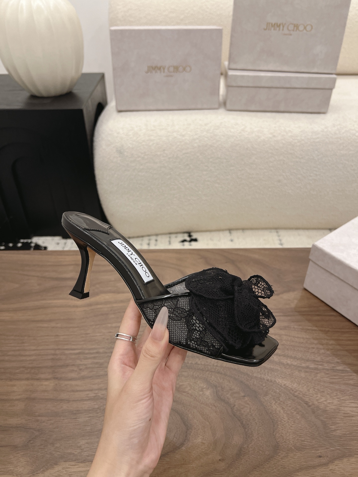 Jimmy Choo  Lace 3D Floral Square Toe Mule Heels