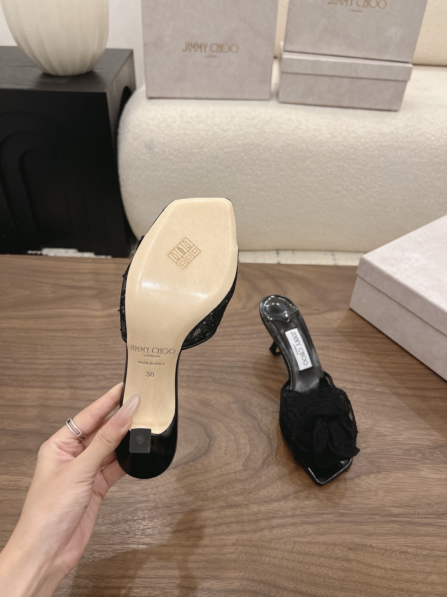 Jimmy Choo  Lace 3D Floral Square Toe Mule Heels
