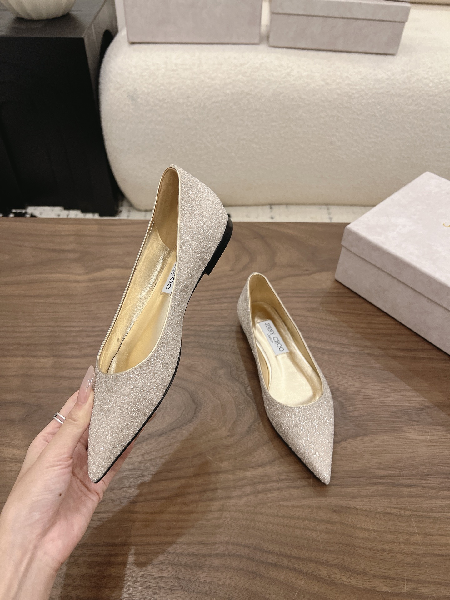 Jimmy Choo Champagne Glitter Pointed Flat Pumps