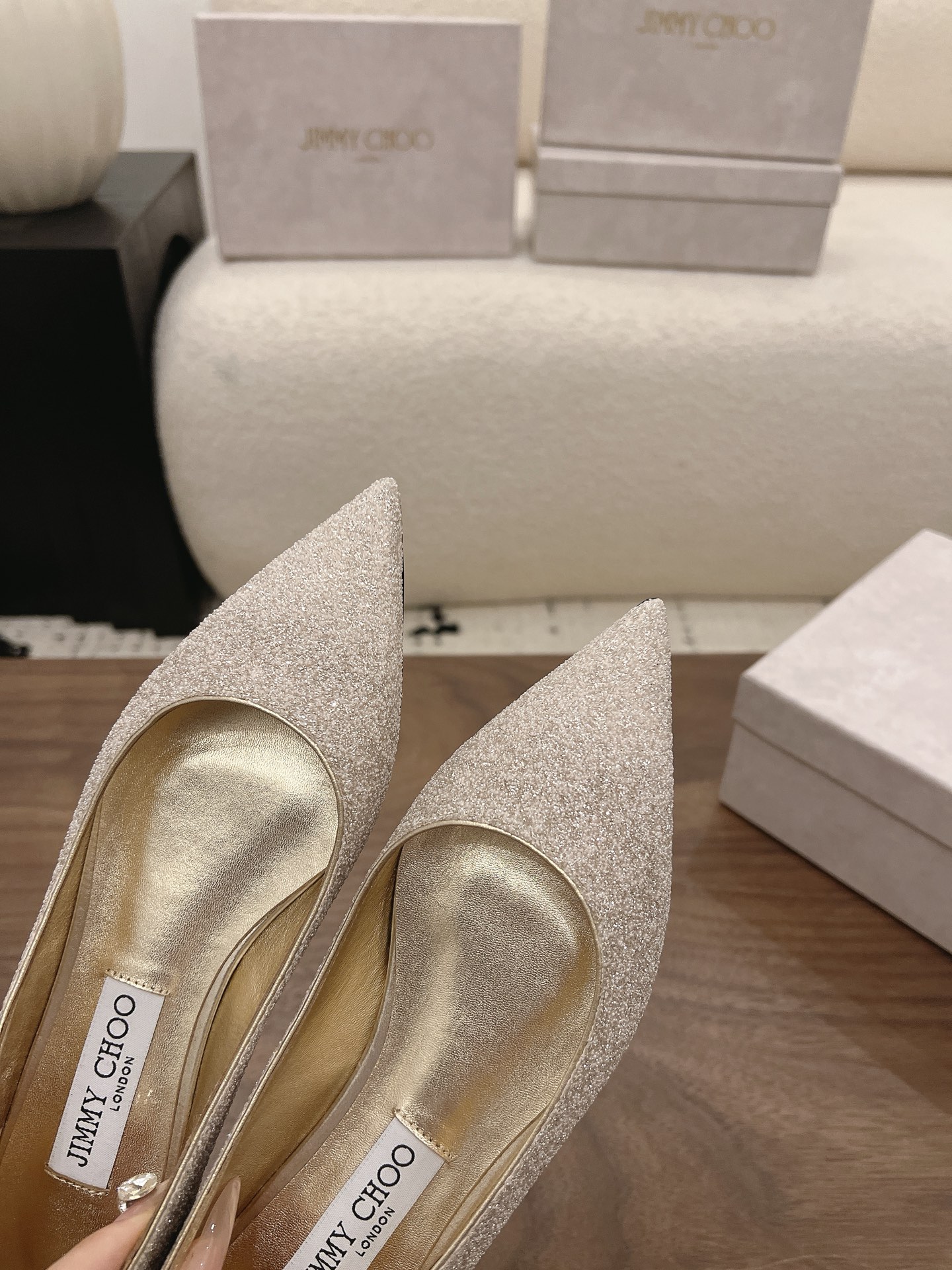 Jimmy Choo Champagne Glitter Pointed Flat Pumps