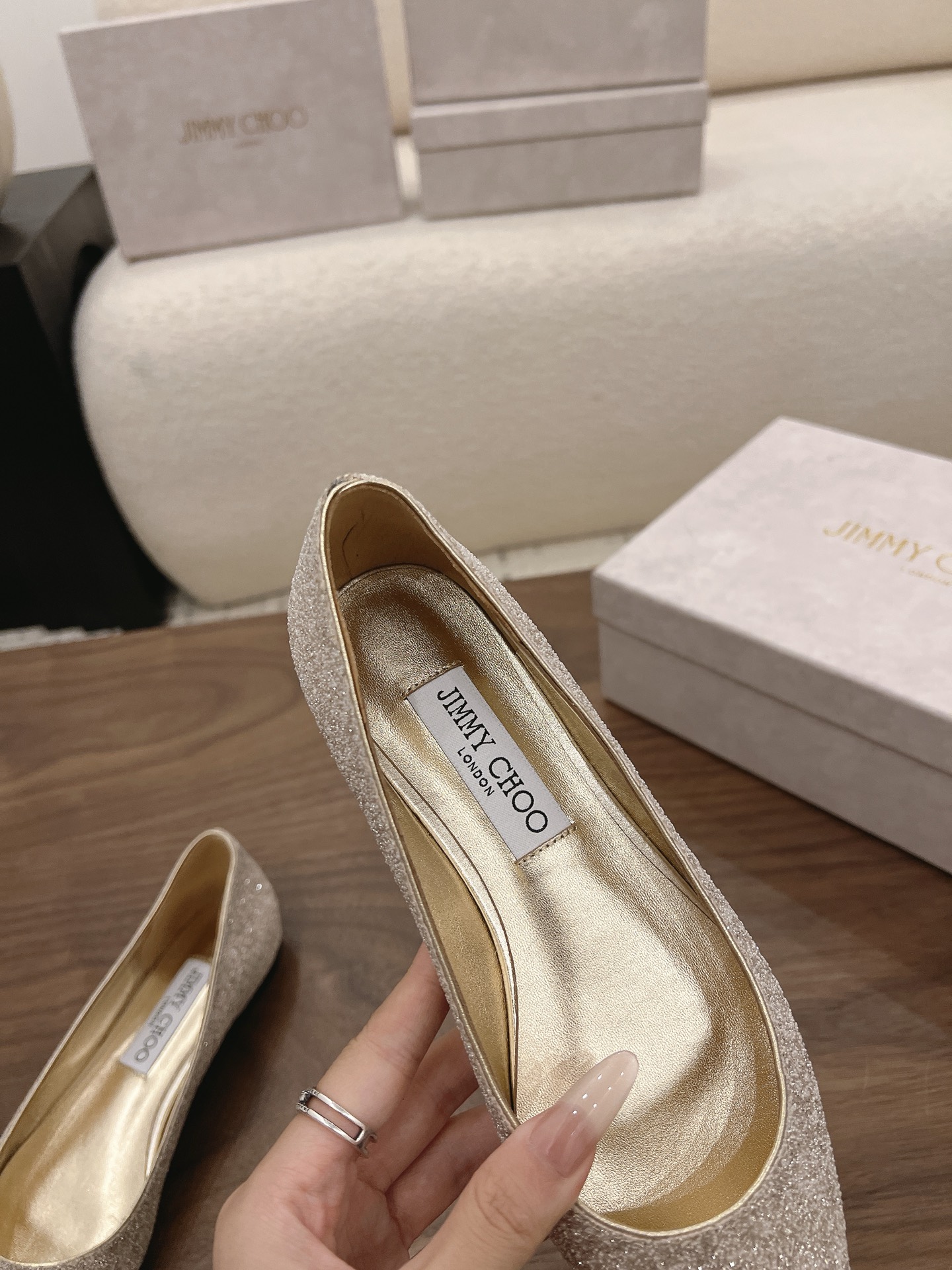Jimmy Choo Champagne Glitter Pointed Flat Pumps