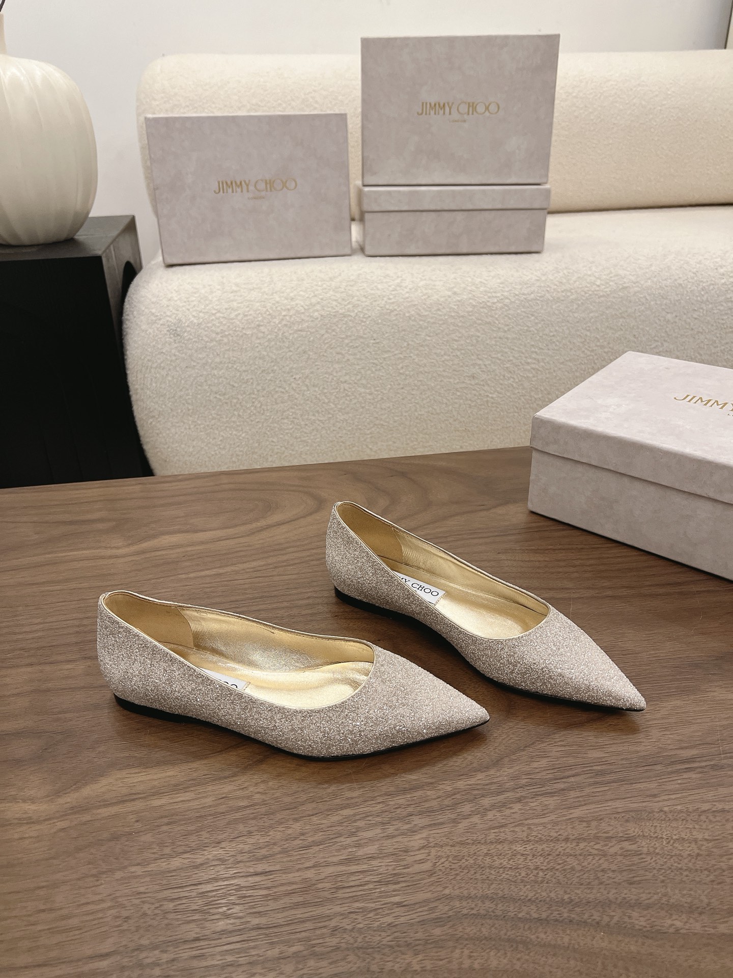 Jimmy Choo Champagne Glitter Pointed Flat Pumps