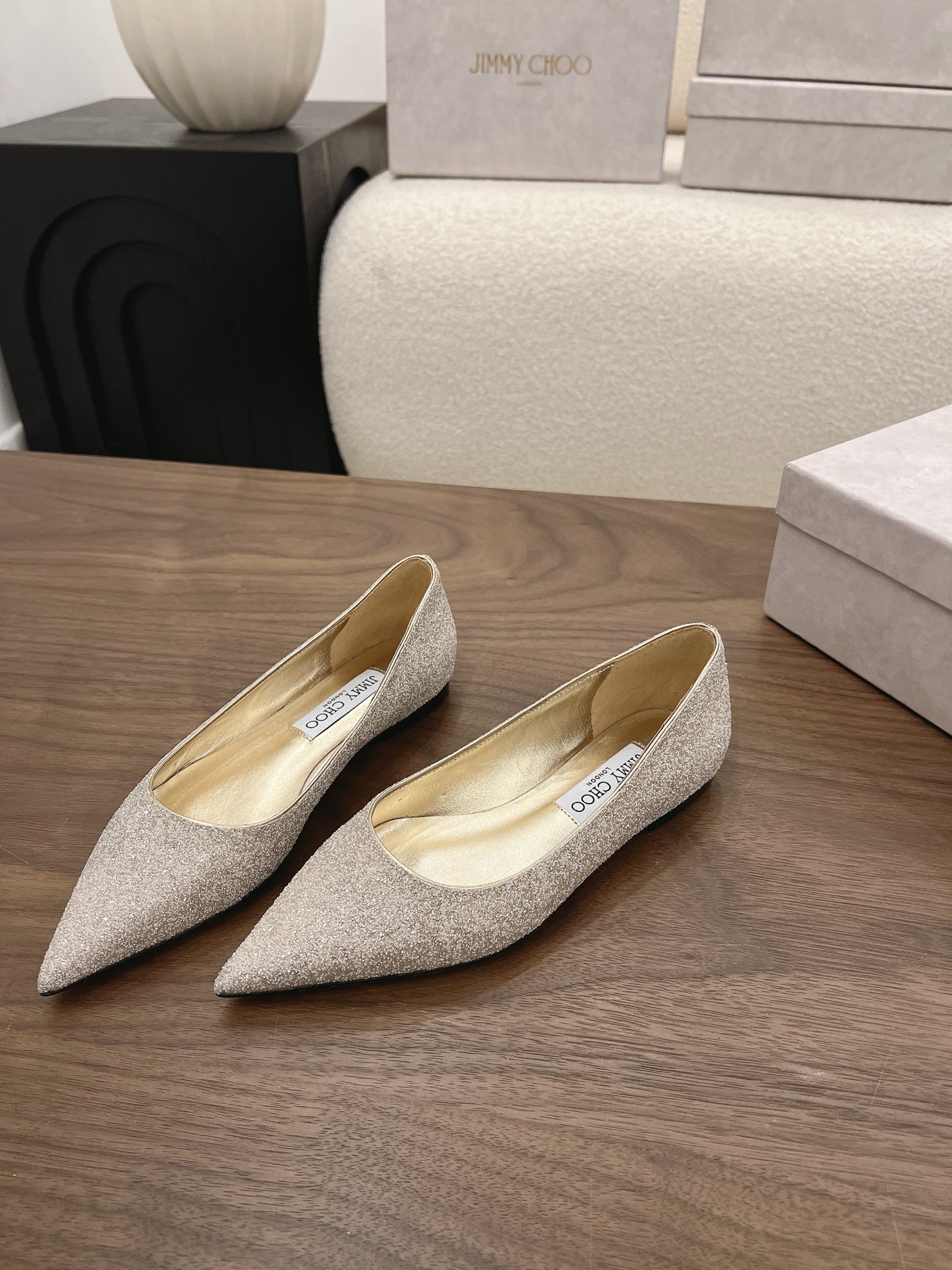 Jimmy Choo Champagne Glitter Pointed Flat Pumps