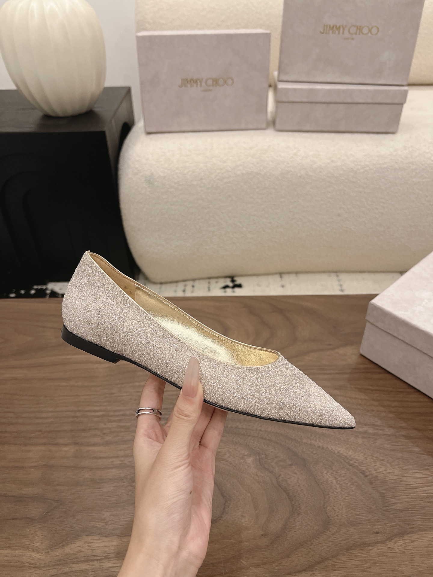 Jimmy Choo Champagne Glitter Pointed Flat Pumps