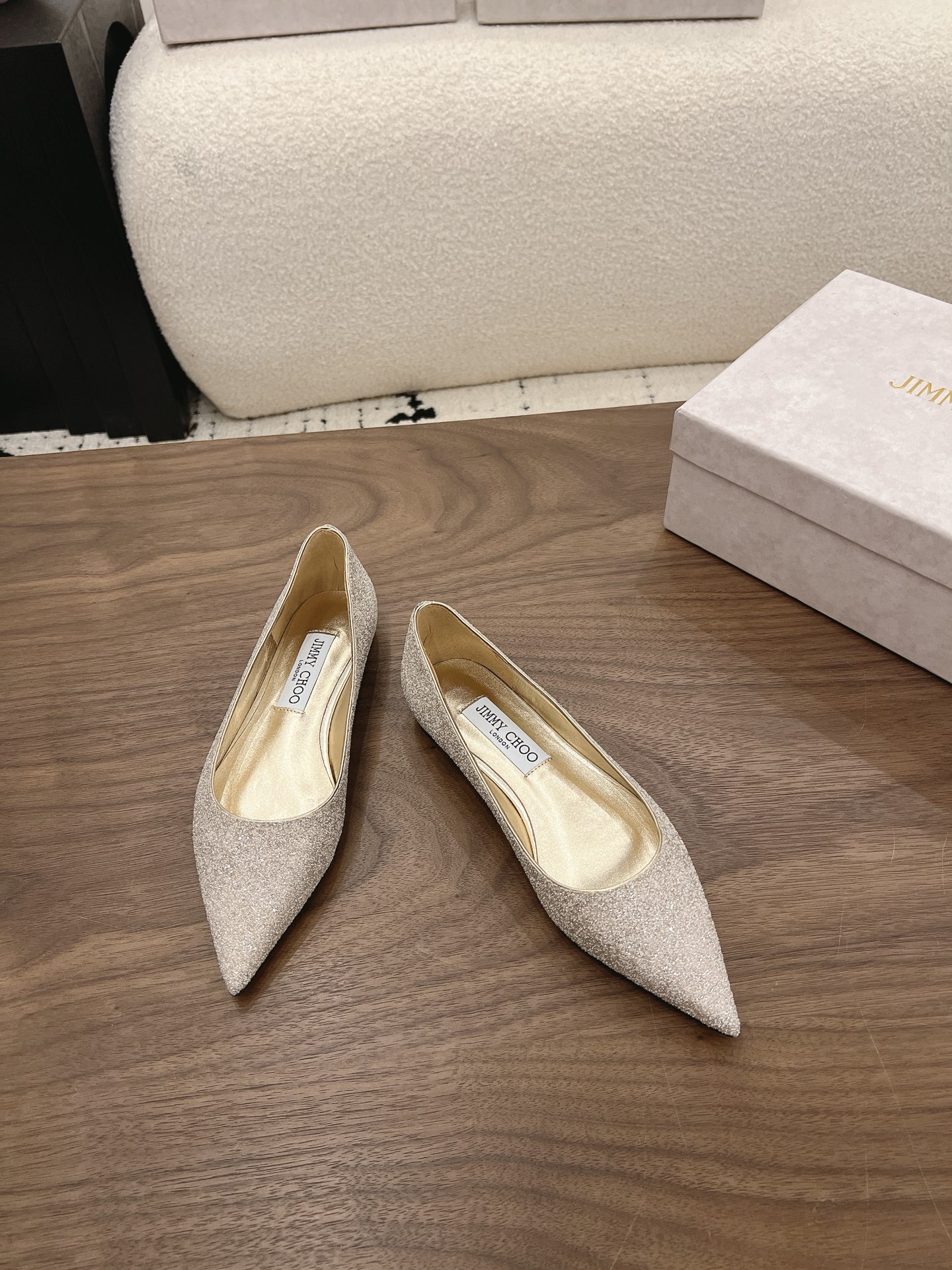 Jimmy Choo Champagne Glitter Pointed Flat Pumps