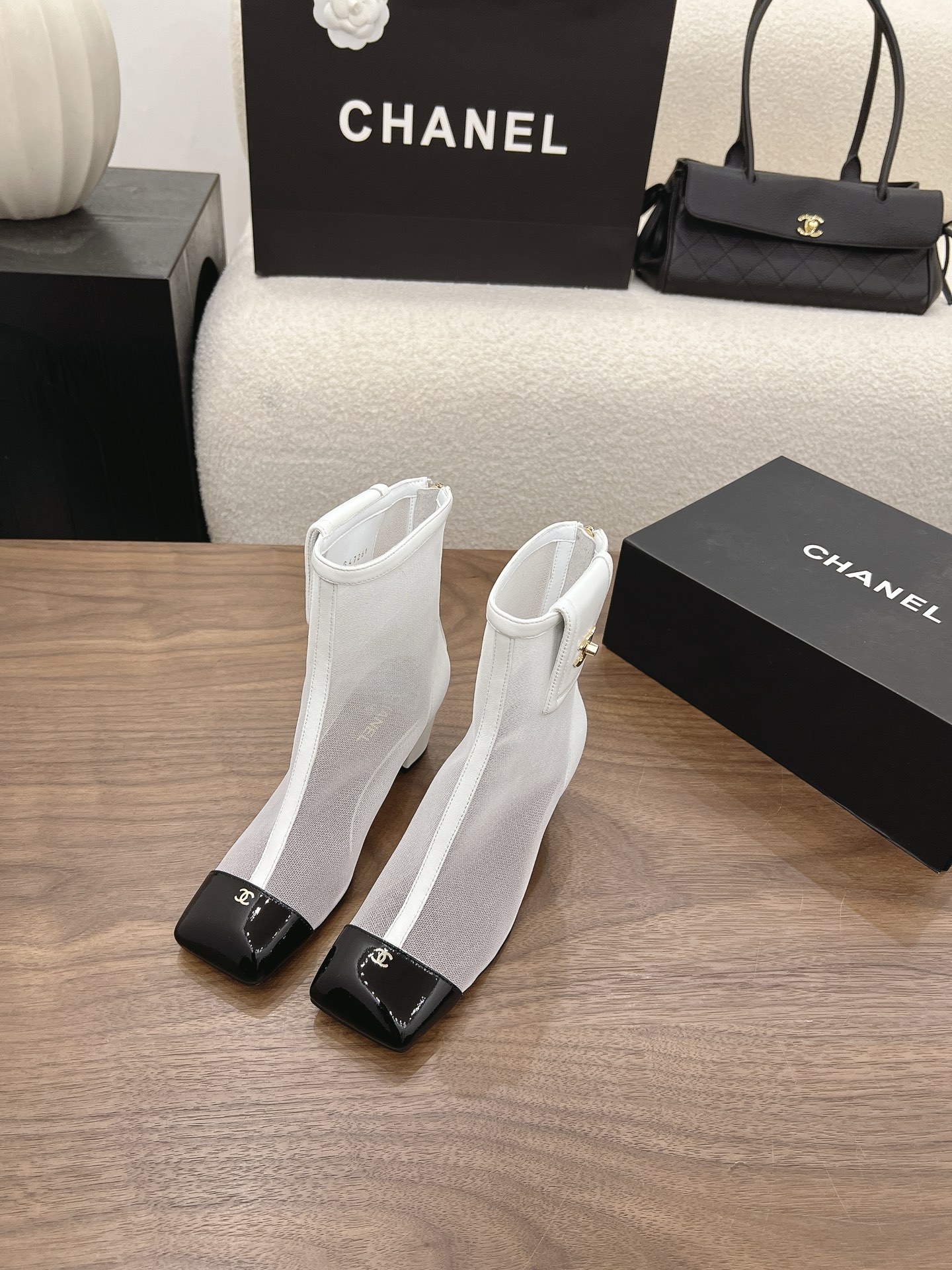 Chanel White Cap-Toe Mesh Ankle Boots