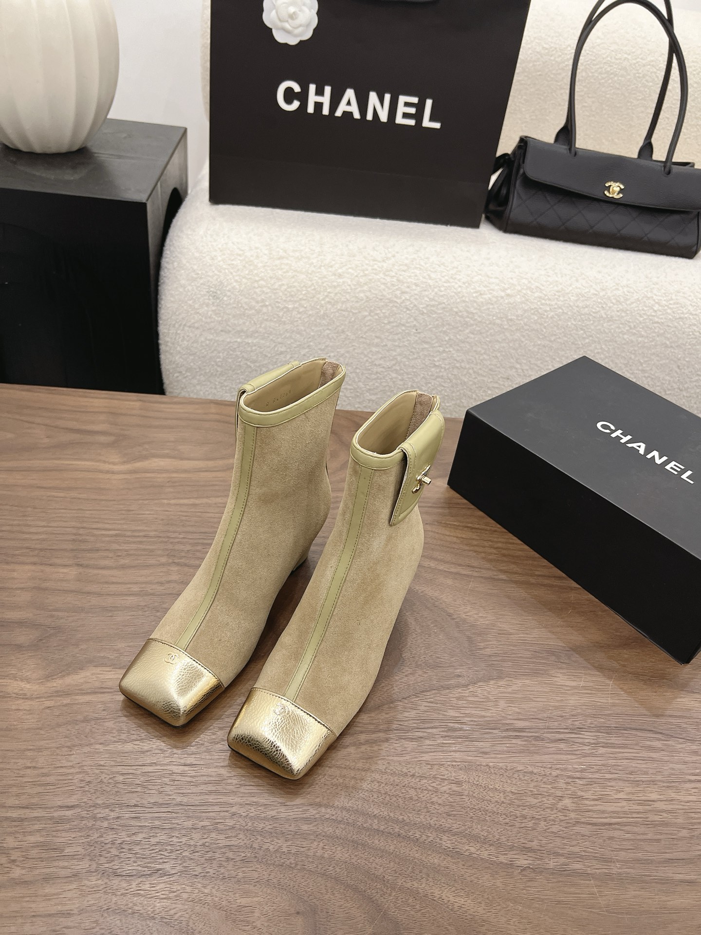 Chanel Beige Gold Cap-Toe Mesh Ankle Boots