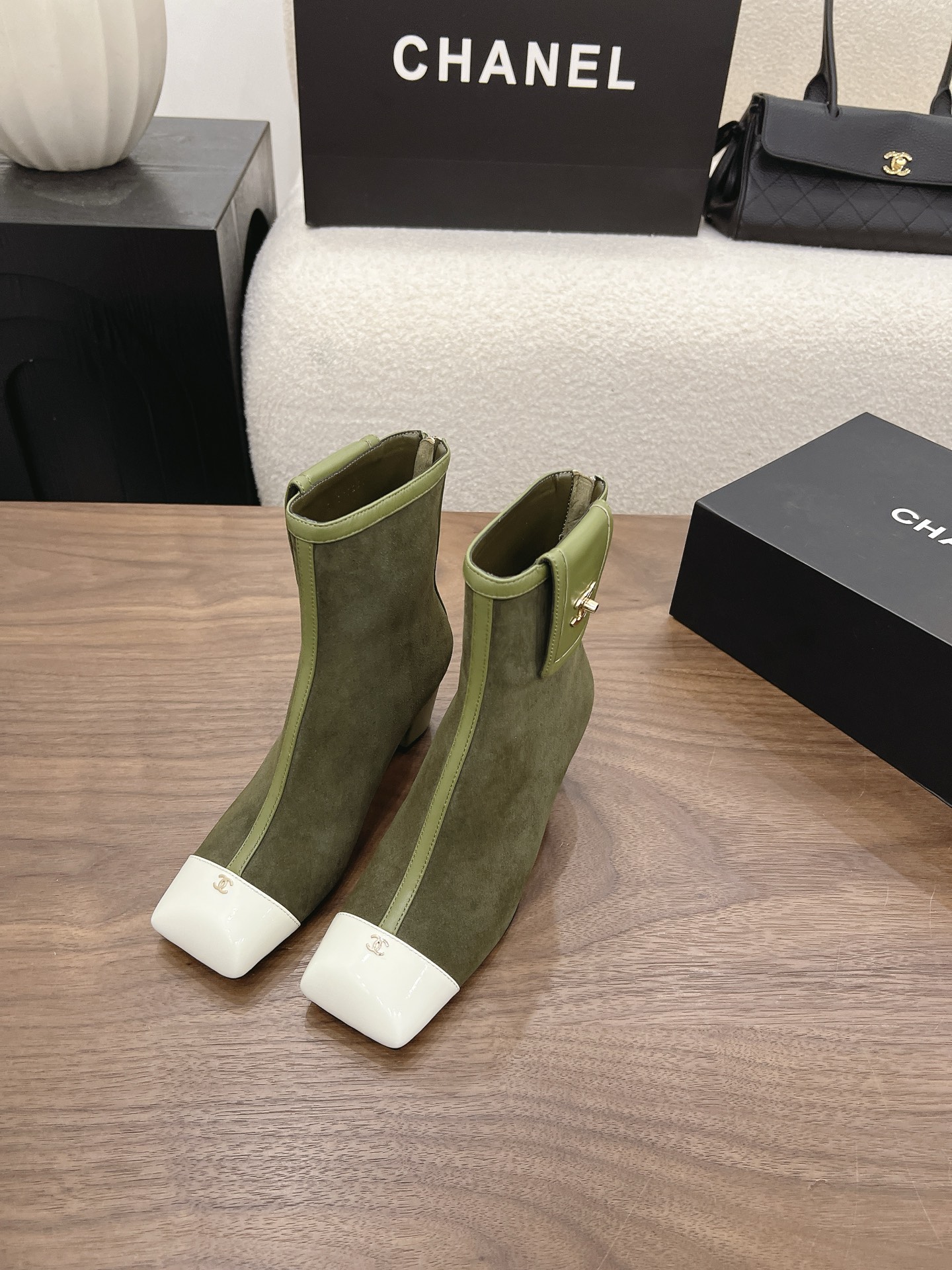 Chanel Green Cap-Toe Mesh Ankle Boots