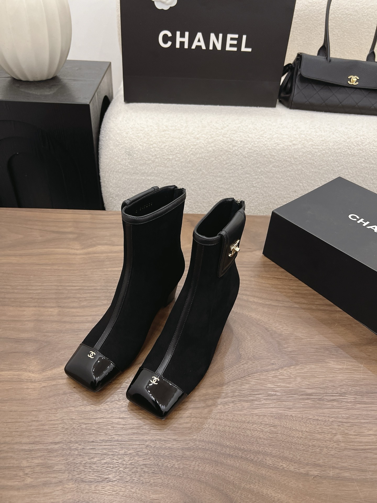 Chanel Black Cap-Toe Mesh Ankle Boots