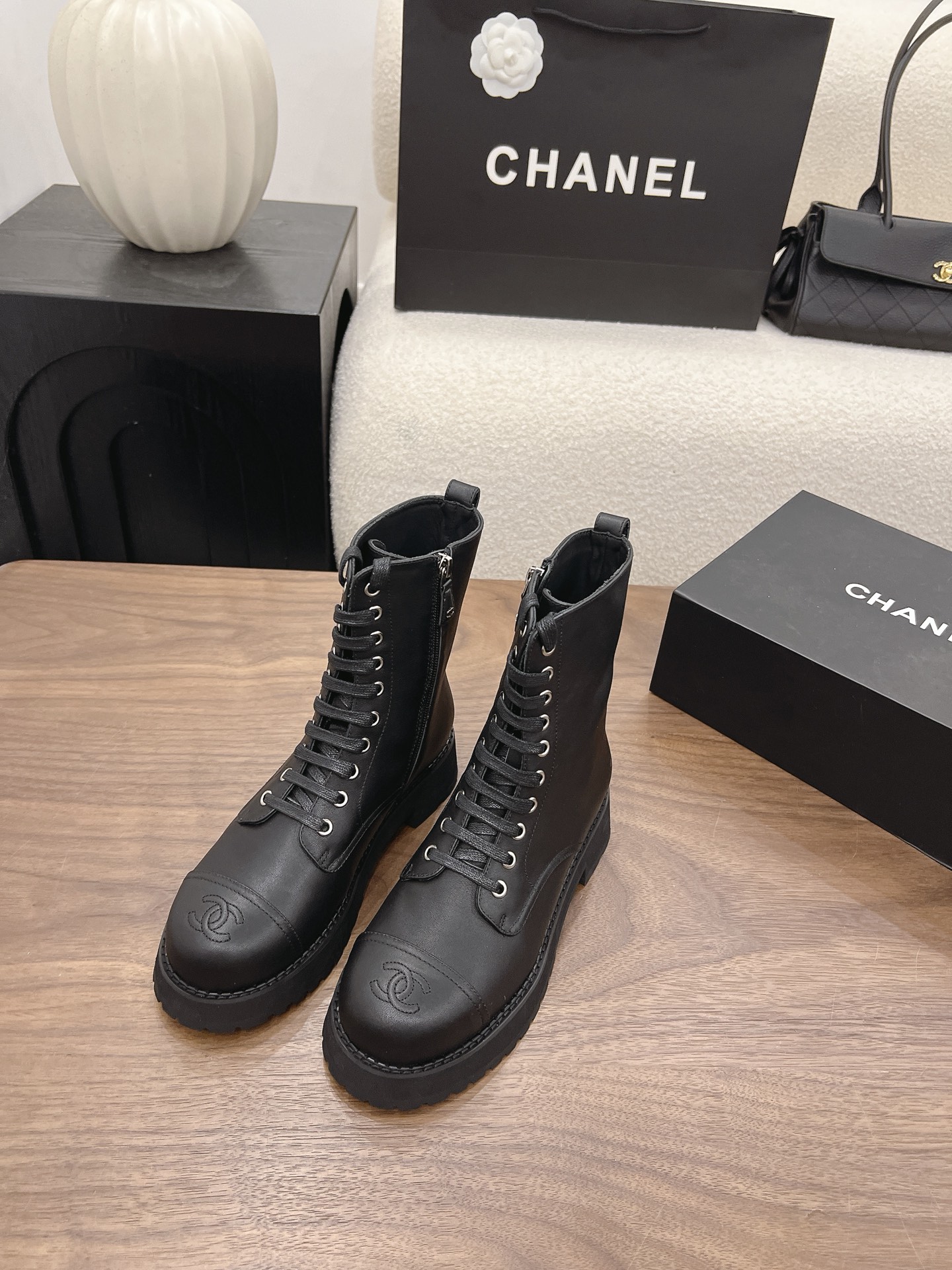 Chanel CC Black Lace Up Combat Boots