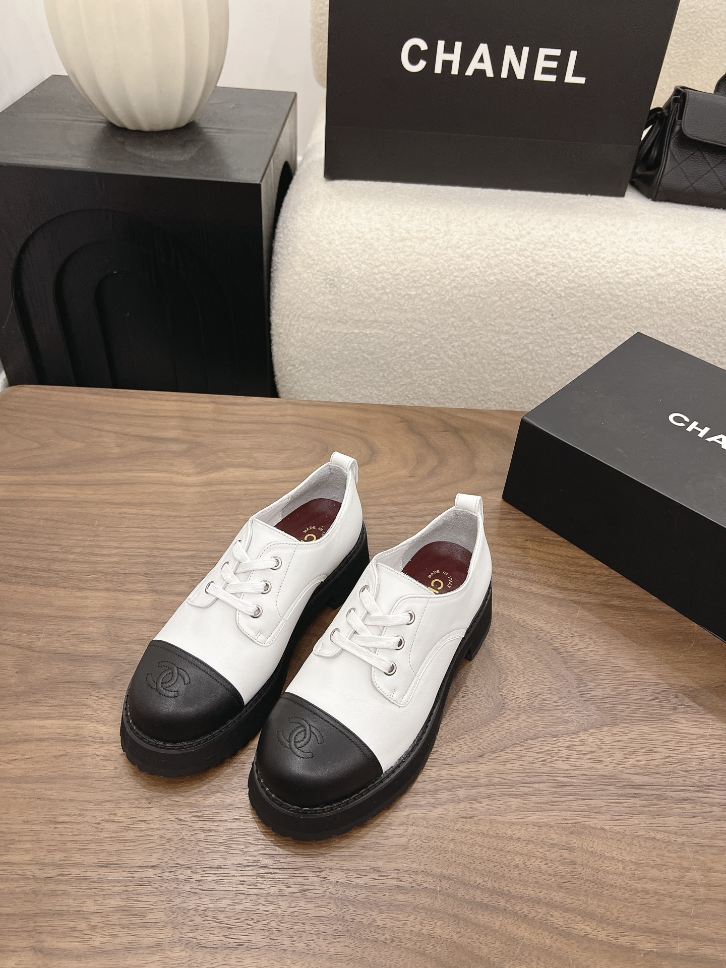 Chanel Black Cap Toe Lace Up Oxfords
