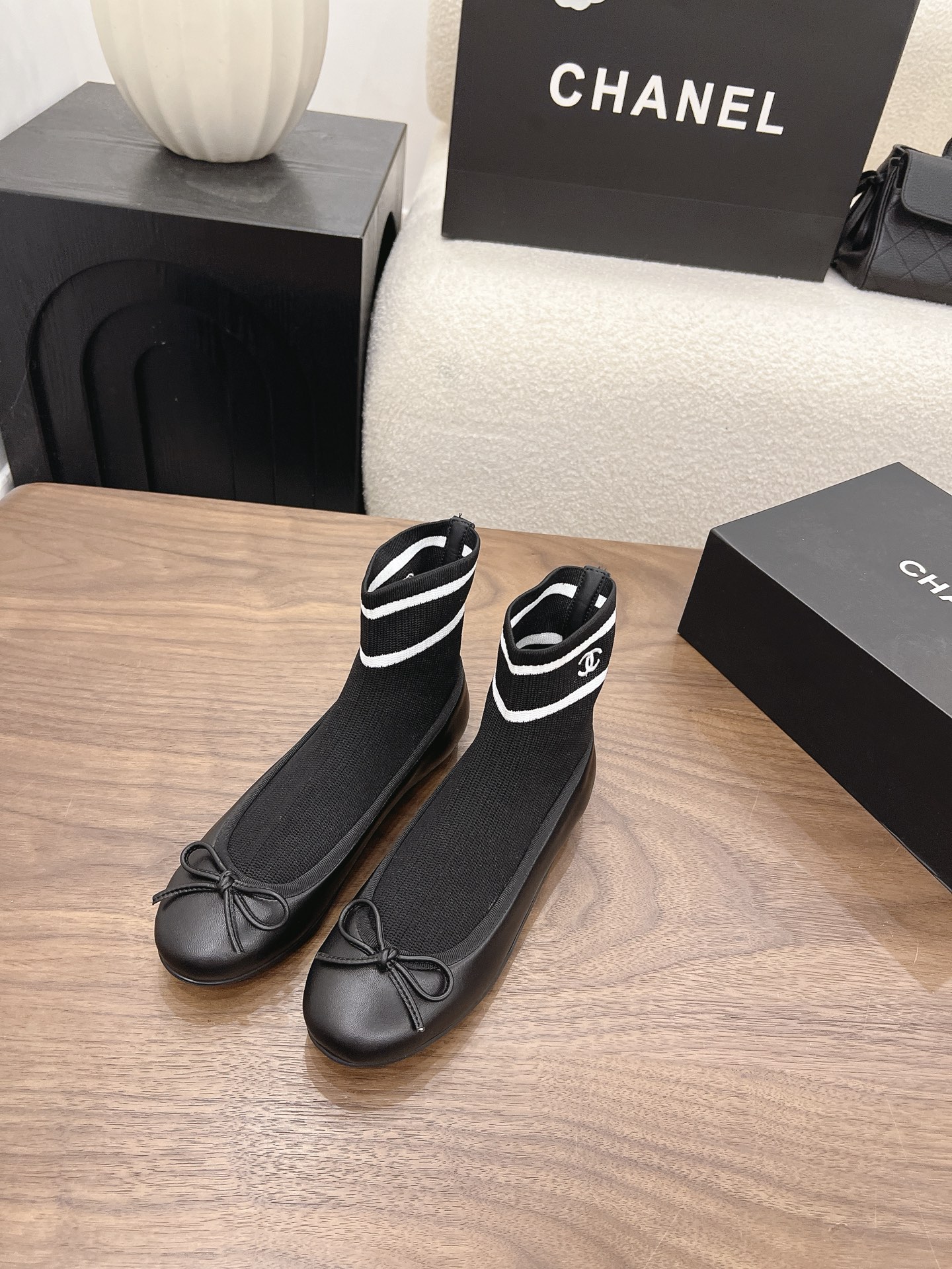 Chanel Striped Cuff Sock Ballerina Boots