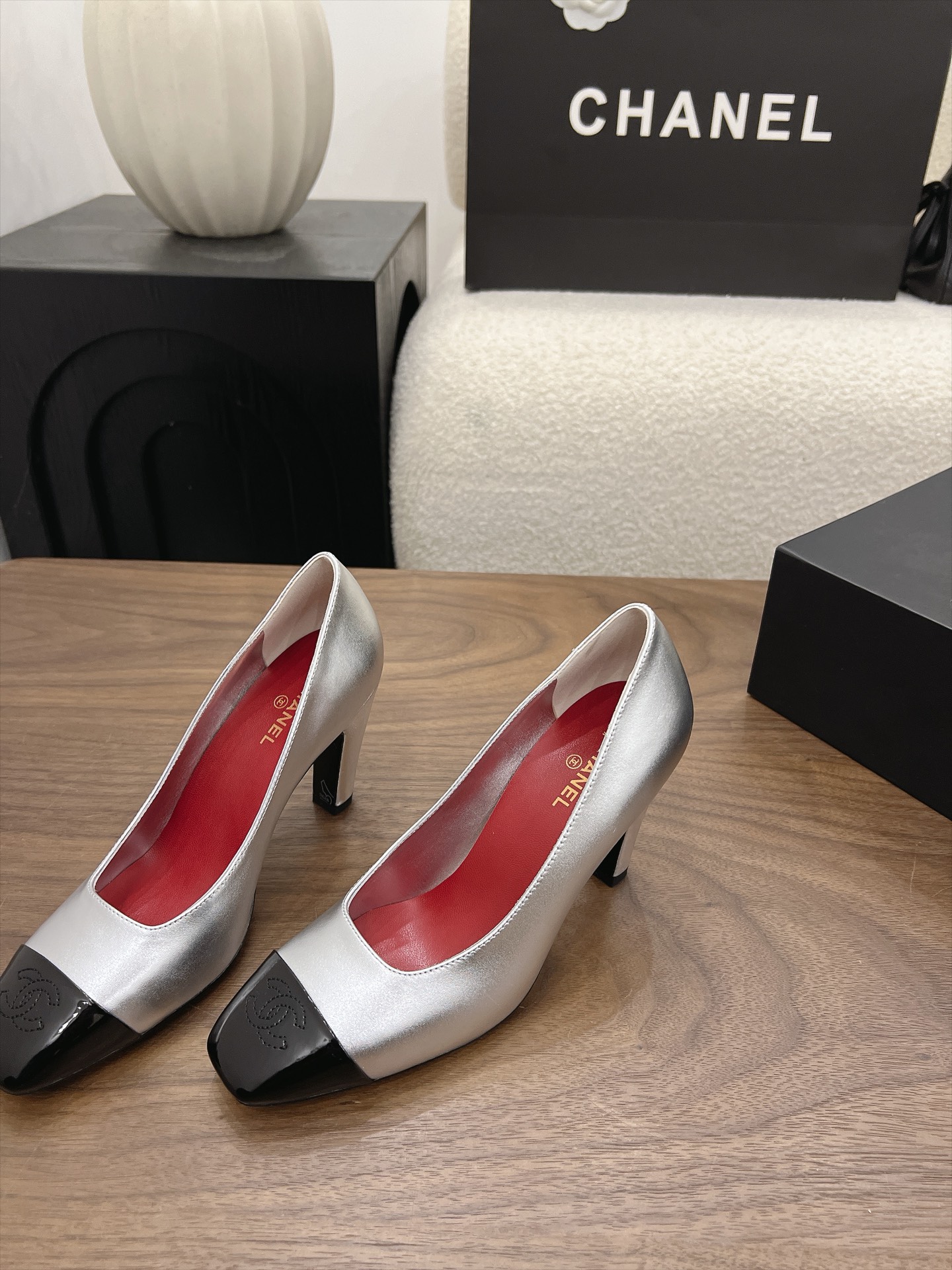 Chanel Silver Cap-Toe Pumps