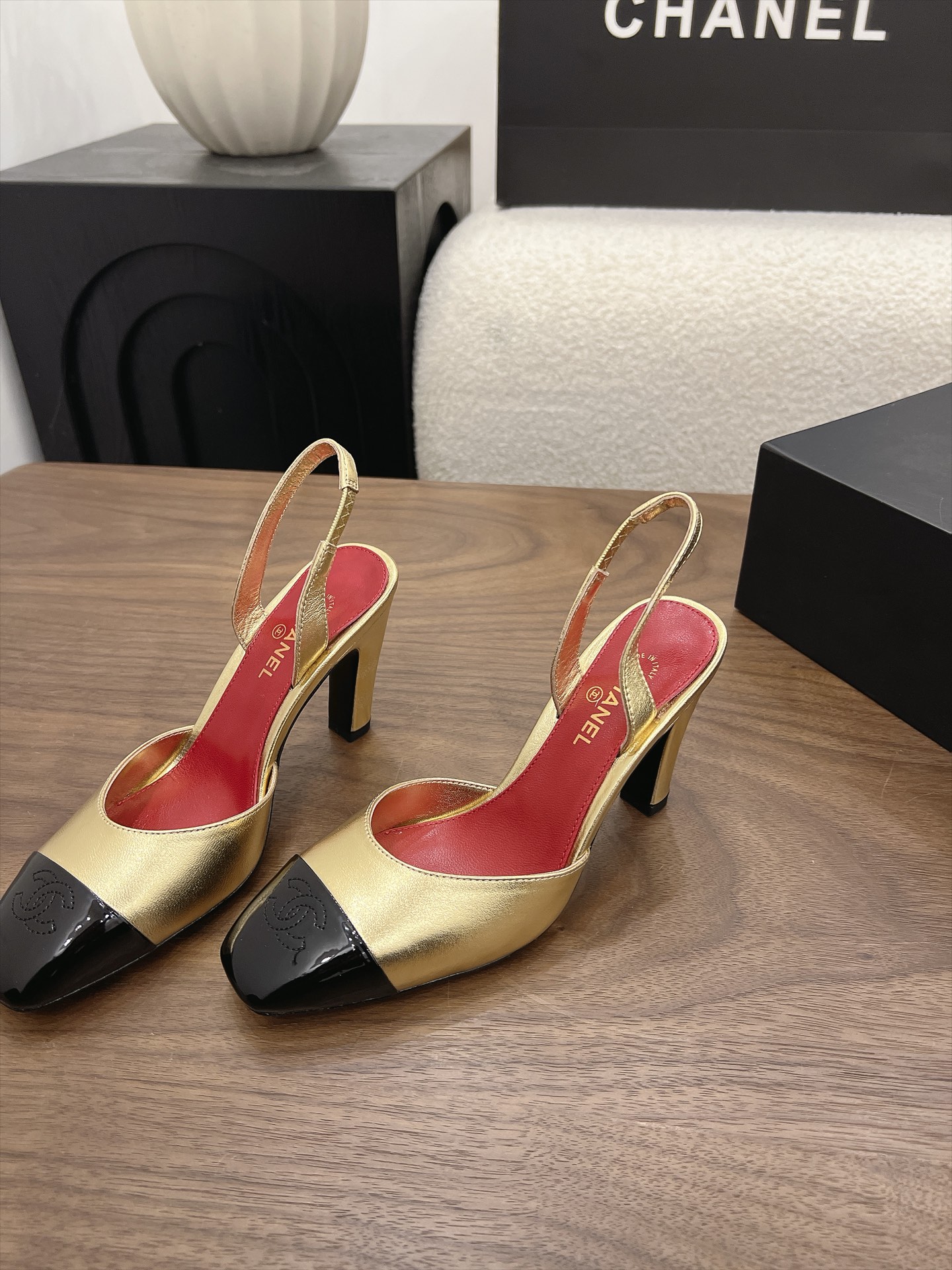 Chanel Gold Cap-Toe Slingback Pumps