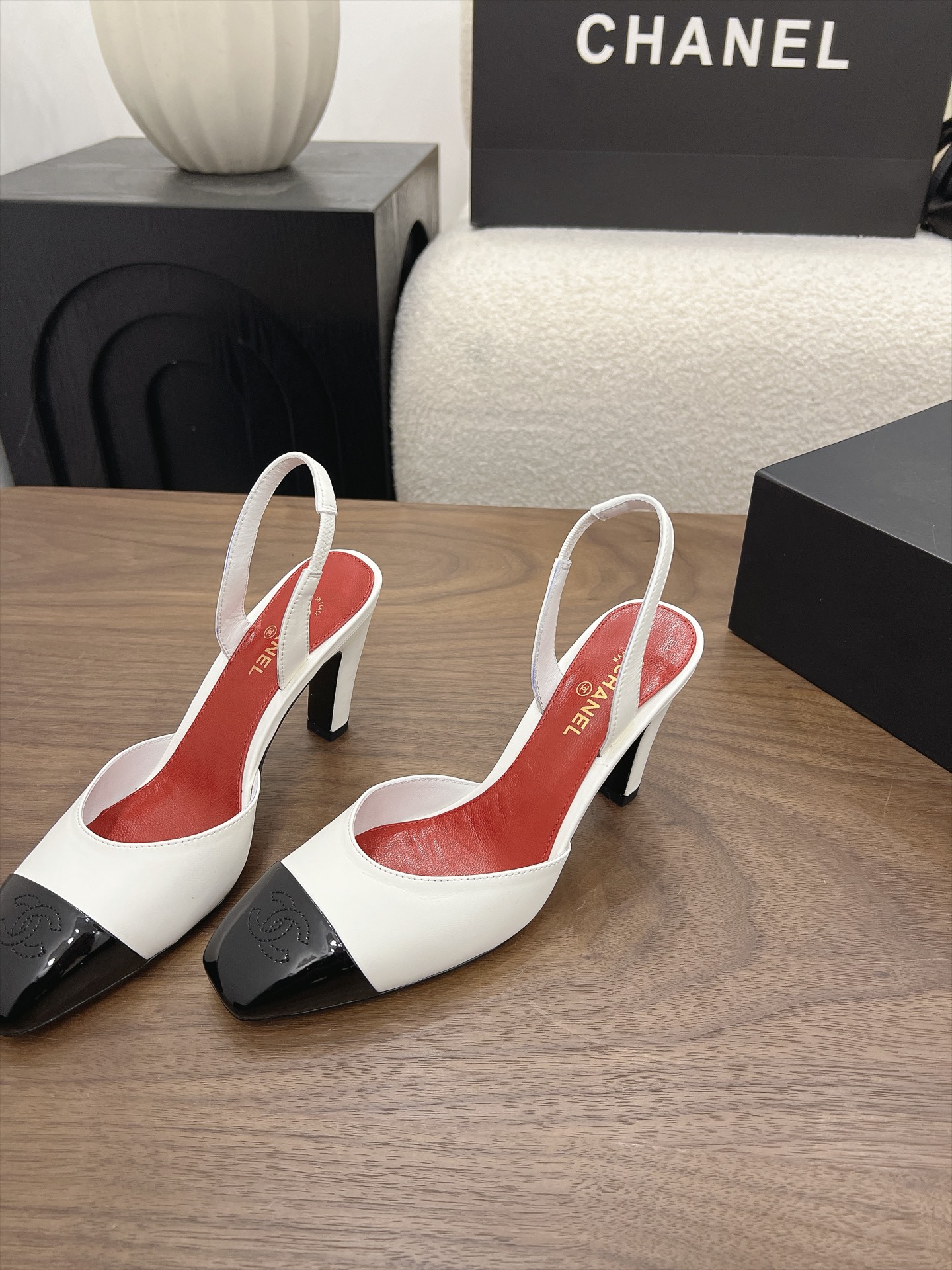 Chanel White Cap-Toe Slingback Pumps