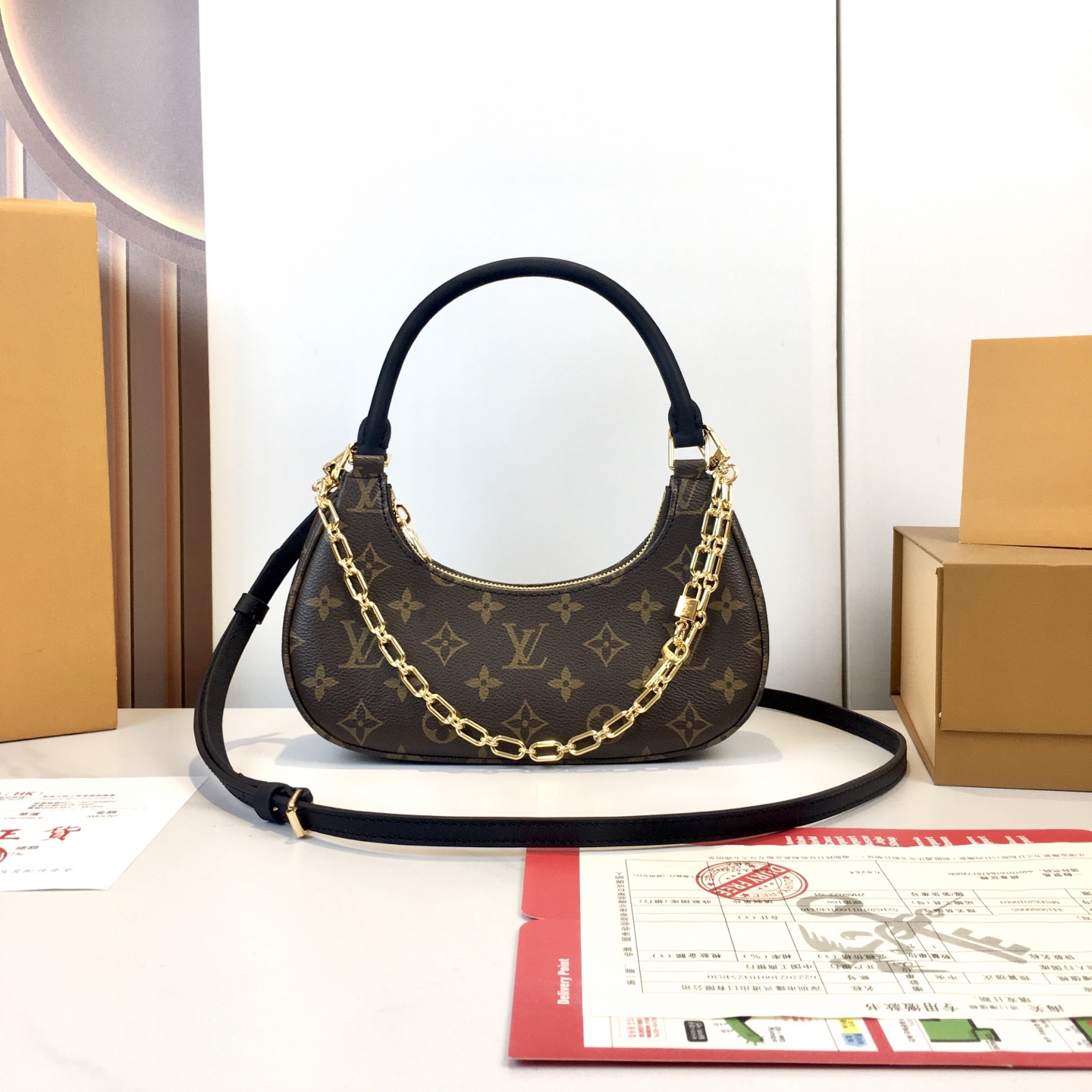 Louis Vuitton Catchy Small Handbag Monogram Canvas Leather Trim, Crossbody