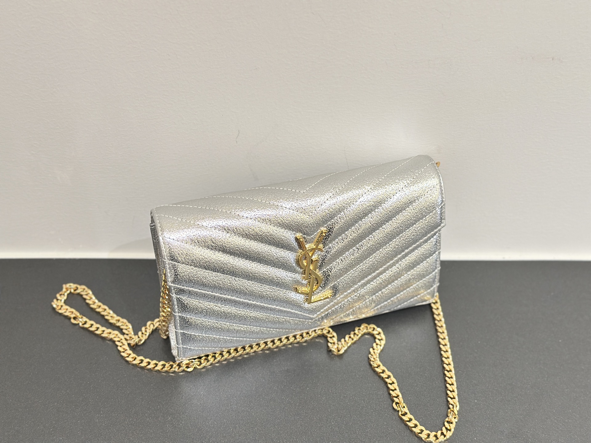 Yves Saint Laurent Monogram WOC Wallet On Chain Silver Diamond Quilted 6 i1758861934680 7633 0 4