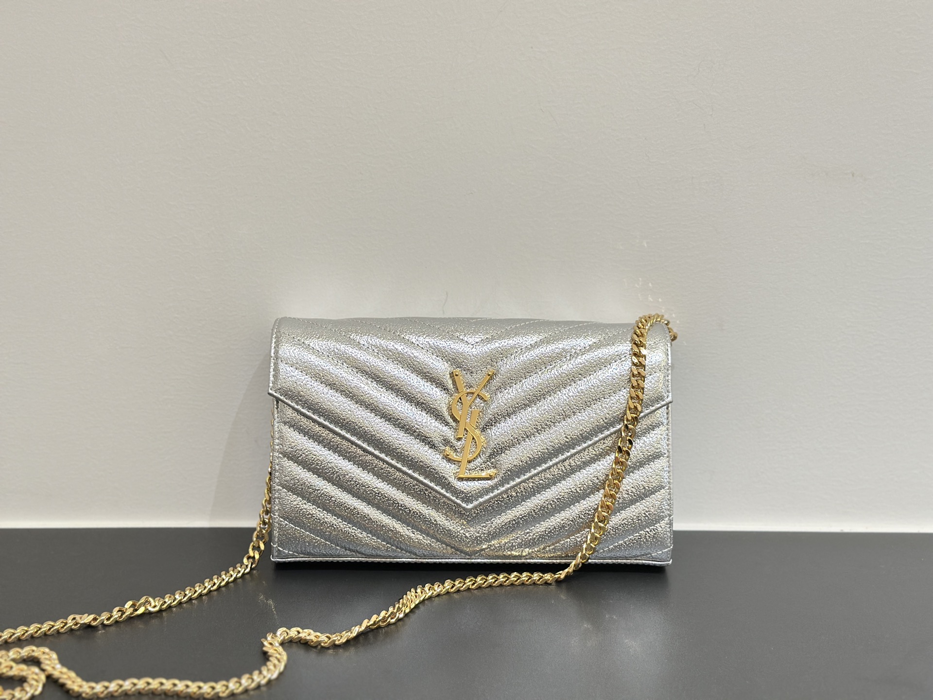 Yves Saint Laurent Monogram WOC Wallet On Chain Silver Diamond Quilted