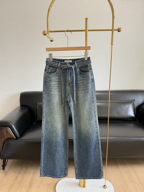 MiU Embroidered Rhinestone Straight Leg Jeans with Drawstring Waist 1 MiU Embroidered Rhinestone Straight Leg Jeans with Drawstring Waist