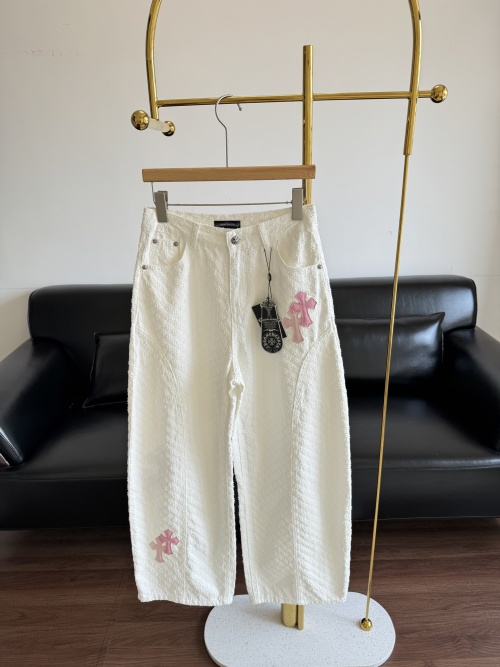 Chrome Hearts White Wide-Leg Denim Jeans with Pink Logo Patches 1 Chrome Hearts White Wide-Leg Denim Jeans with Pink Logo Patches