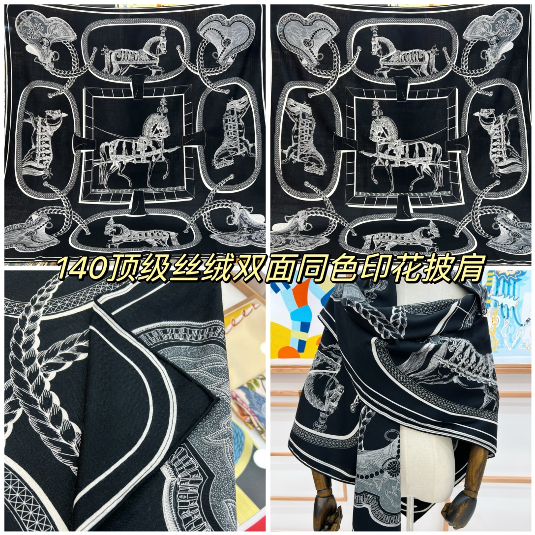 “盛宴”140厘米丝绒高级黑方巾【双面同色】手工卷边丝绒真丝方巾（30%真丝70%羊绒）这款典藏方巾展现