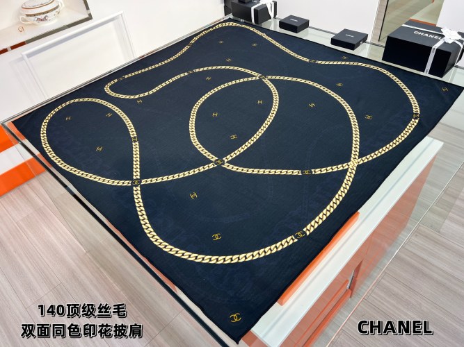 Elegant Chanel Inspired Silk Wool Shawl with Chain Print - 135cm x 135cm 1 Elegant Chanel Inspired Silk Wool Shawl with Chain Print - 135cm x 135cm