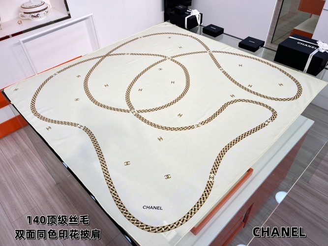 Chanel Double-Sided Silk Wool Shawl 135cm - Elegant & Luxurious Design 1 Chanel Double-Sided Silk Wool Shawl 135cm - Elegant & Luxurious Design
