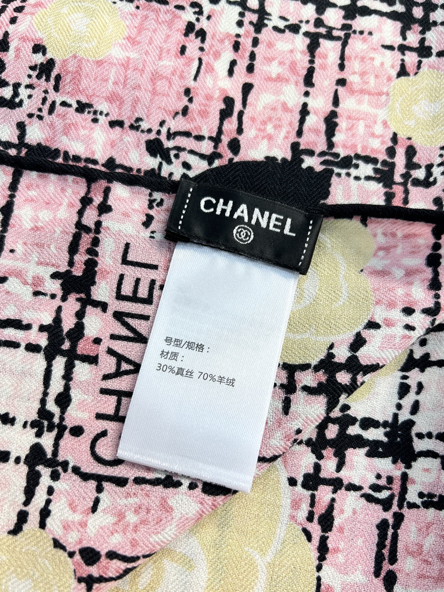 💰Chanel ~25秋冬新品～“花呢纹理与山茶花”【140双面丝毛披肩】手工卷边丝毛方巾（30%桑蚕丝